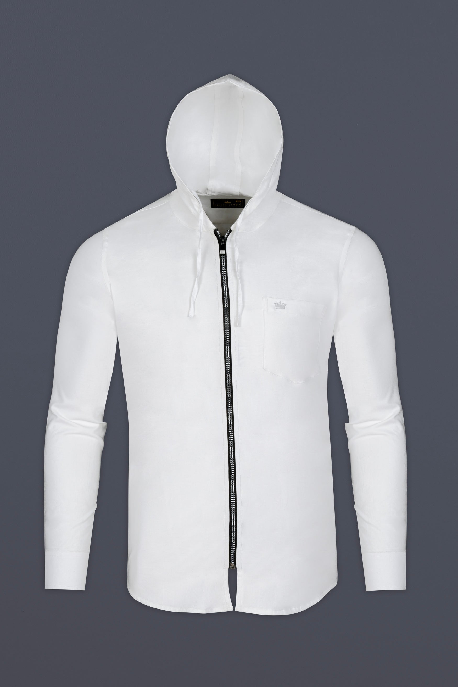 Bright White Dobby Zipper Closure with Hoodie Designer Shirt
