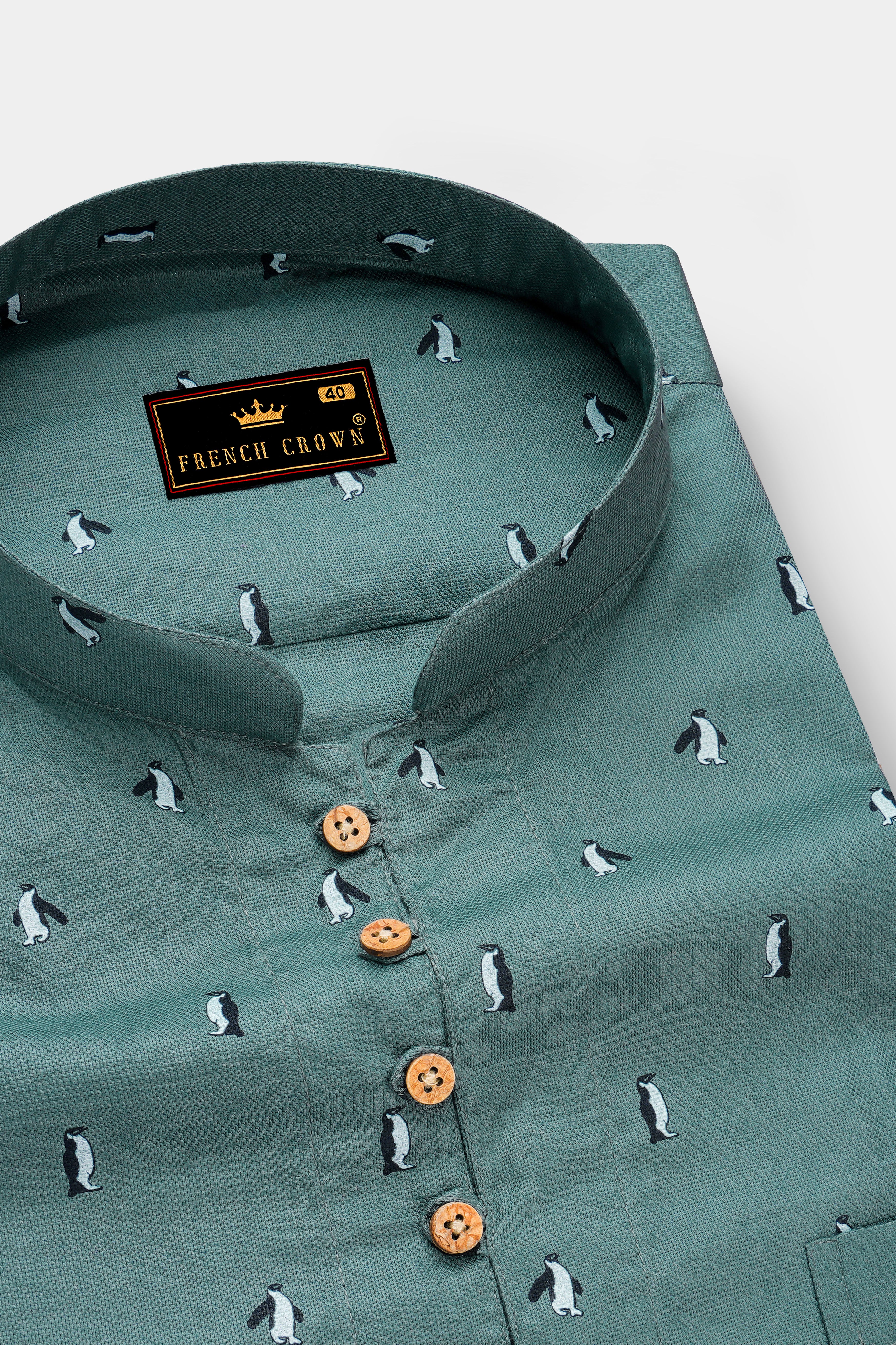 Cactus Green Penguin Printed Dobby Premium Giza Cotton Kurta Shirt