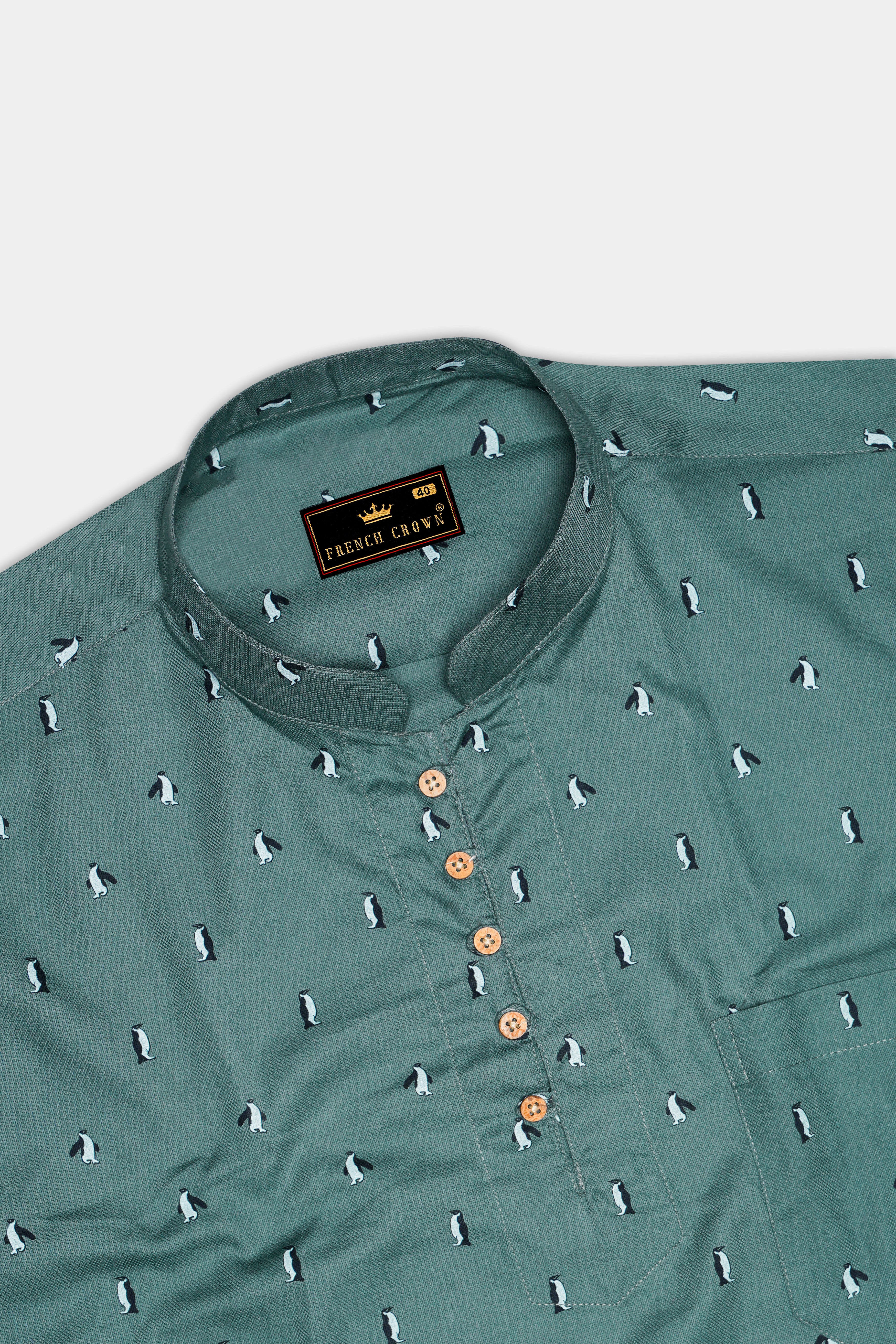 Cactus Green Penguin Printed Dobby Premium Giza Cotton Kurta Shirt