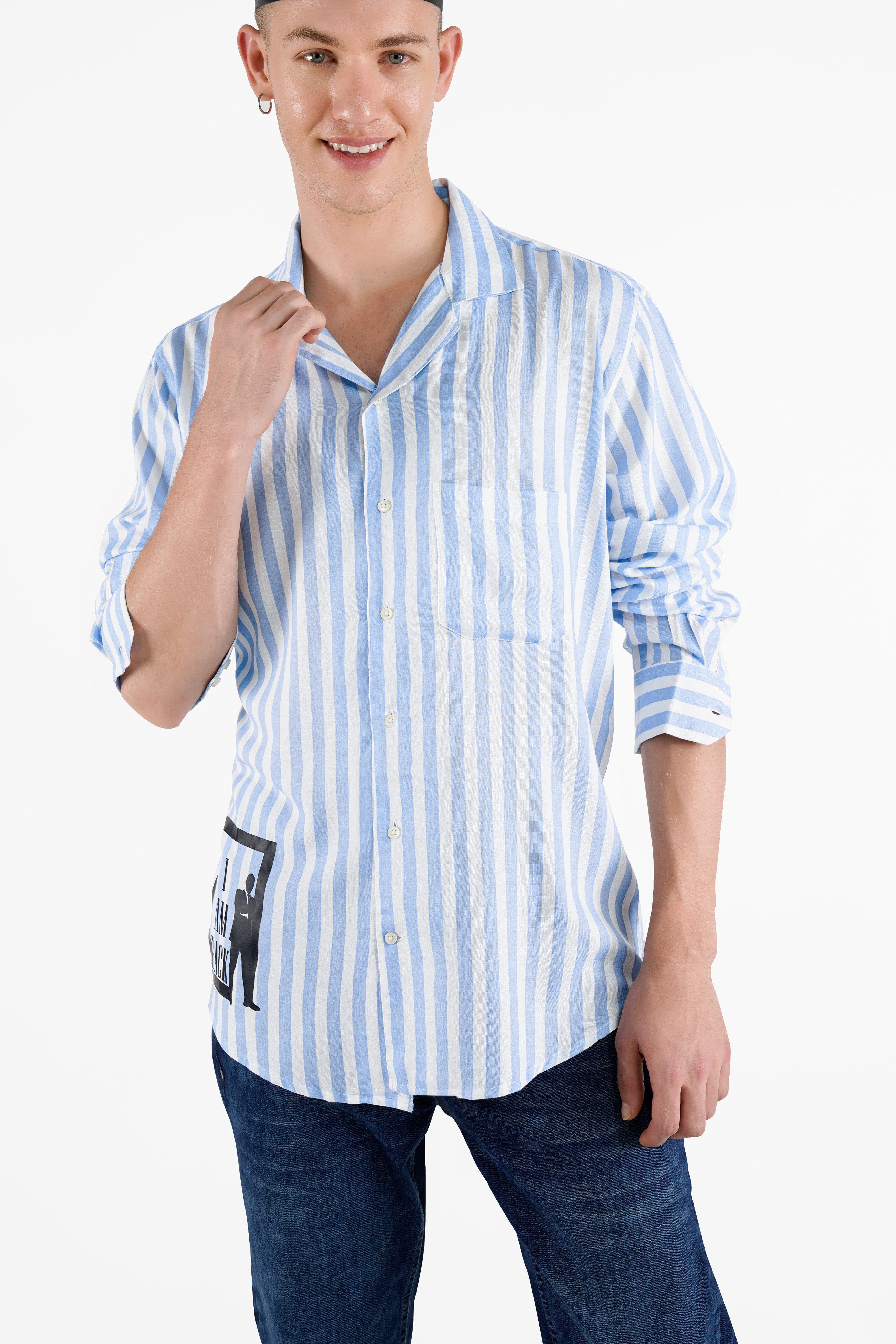 Bright White and Carolina Blue Striped Funky Printed Premium Tencel Designer Shirt