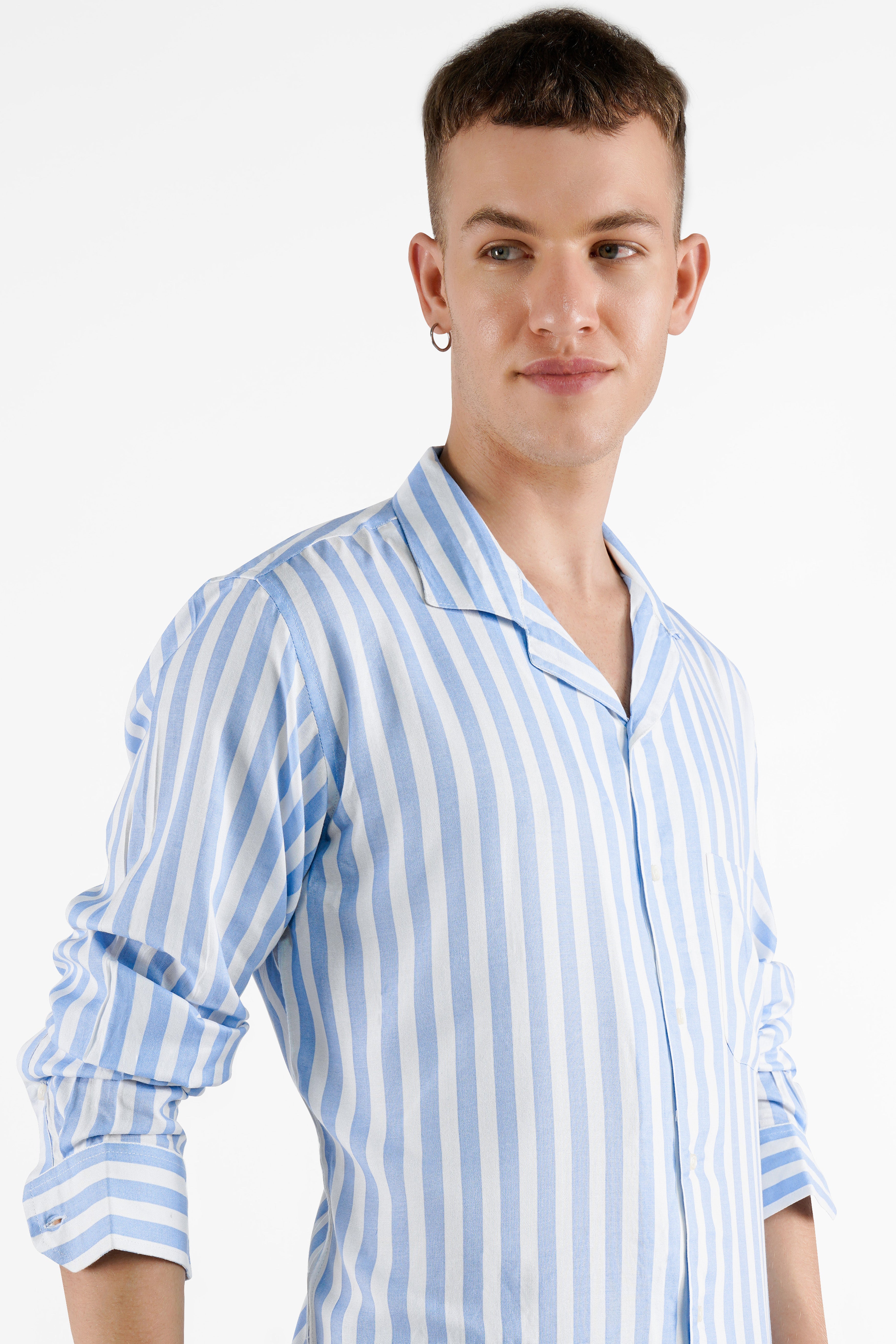 Pale Aqua Blue and White Striped Premium Tencel Shirt
