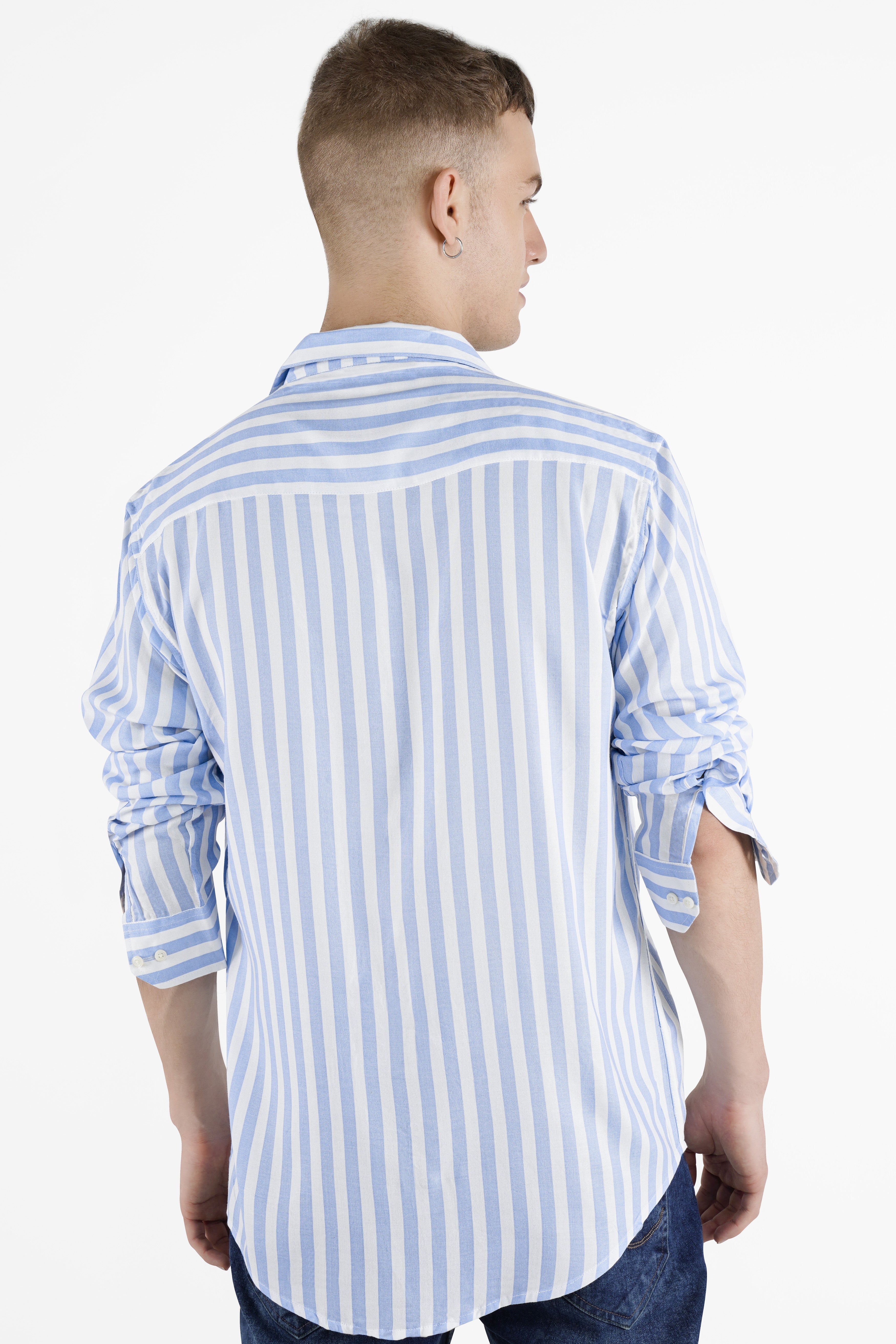 Bright White and Carolina Blue Striped Funky Printed Premium Tencel Designer Shirt