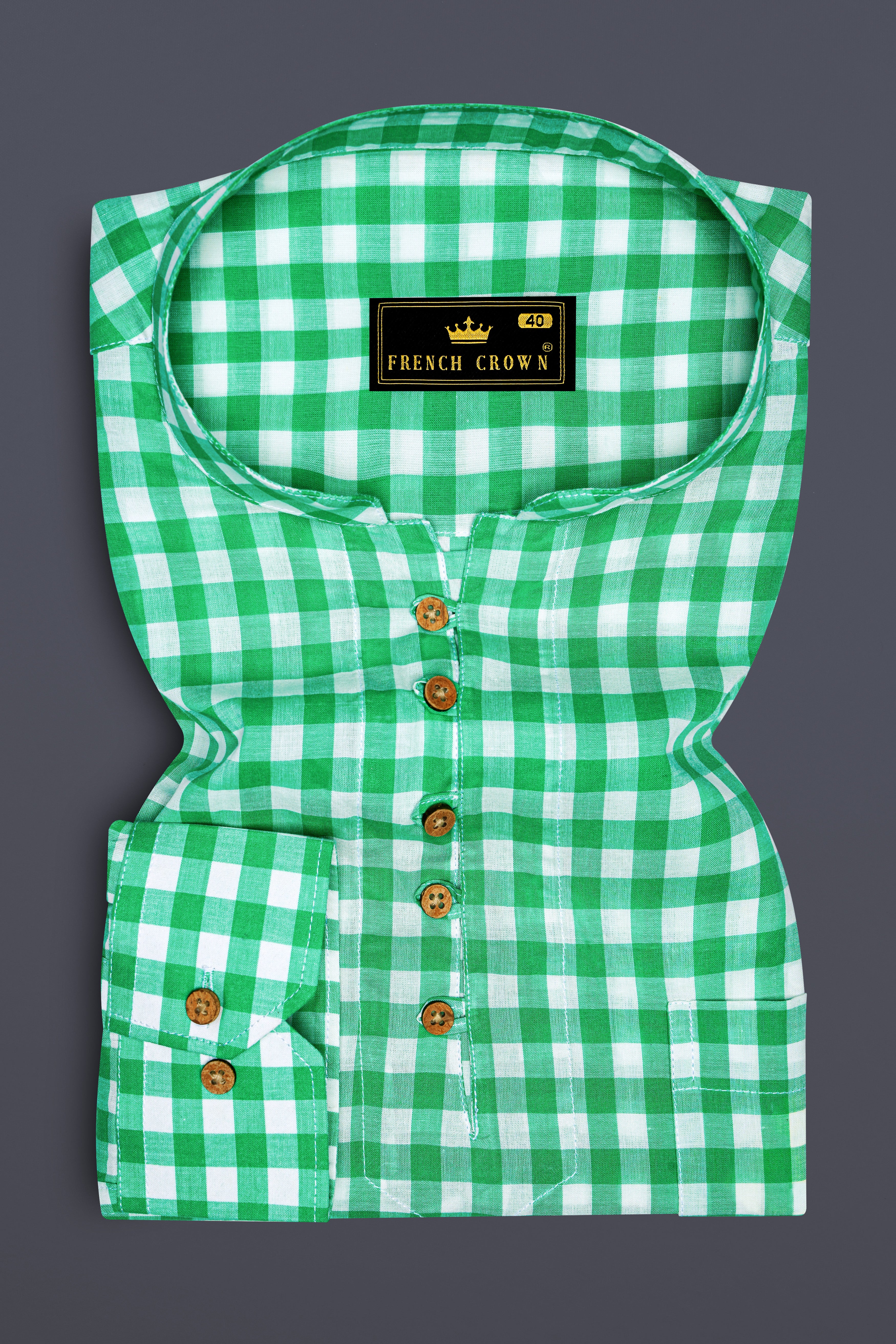 Bright White with Malachite Green Gingham Premium Cotton Kurta Shirt