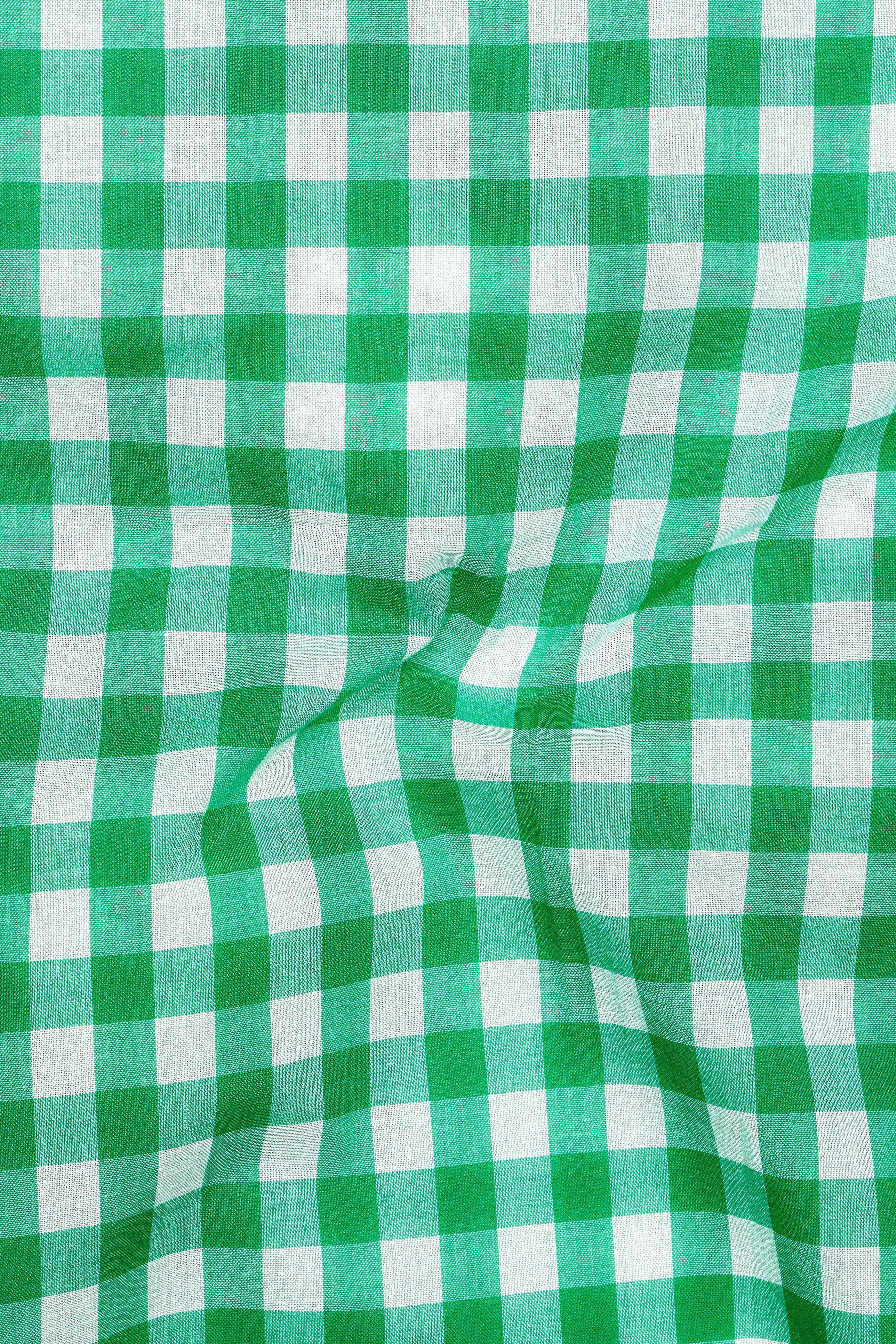 Bright White with Malachite Green Gingham Premium Cotton Kurta Shirt