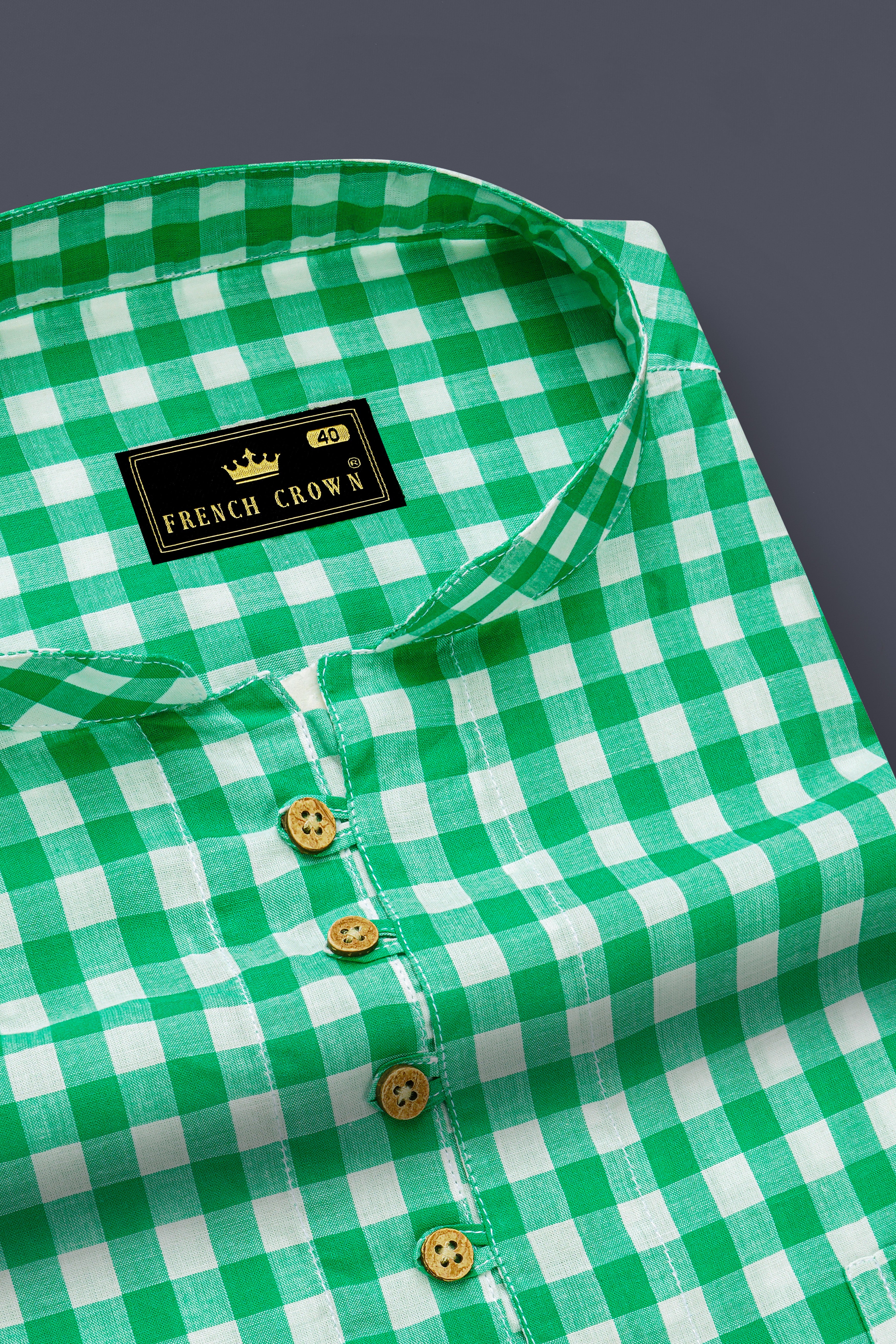 Bright White with Malachite Green Gingham Premium Cotton Kurta Shirt