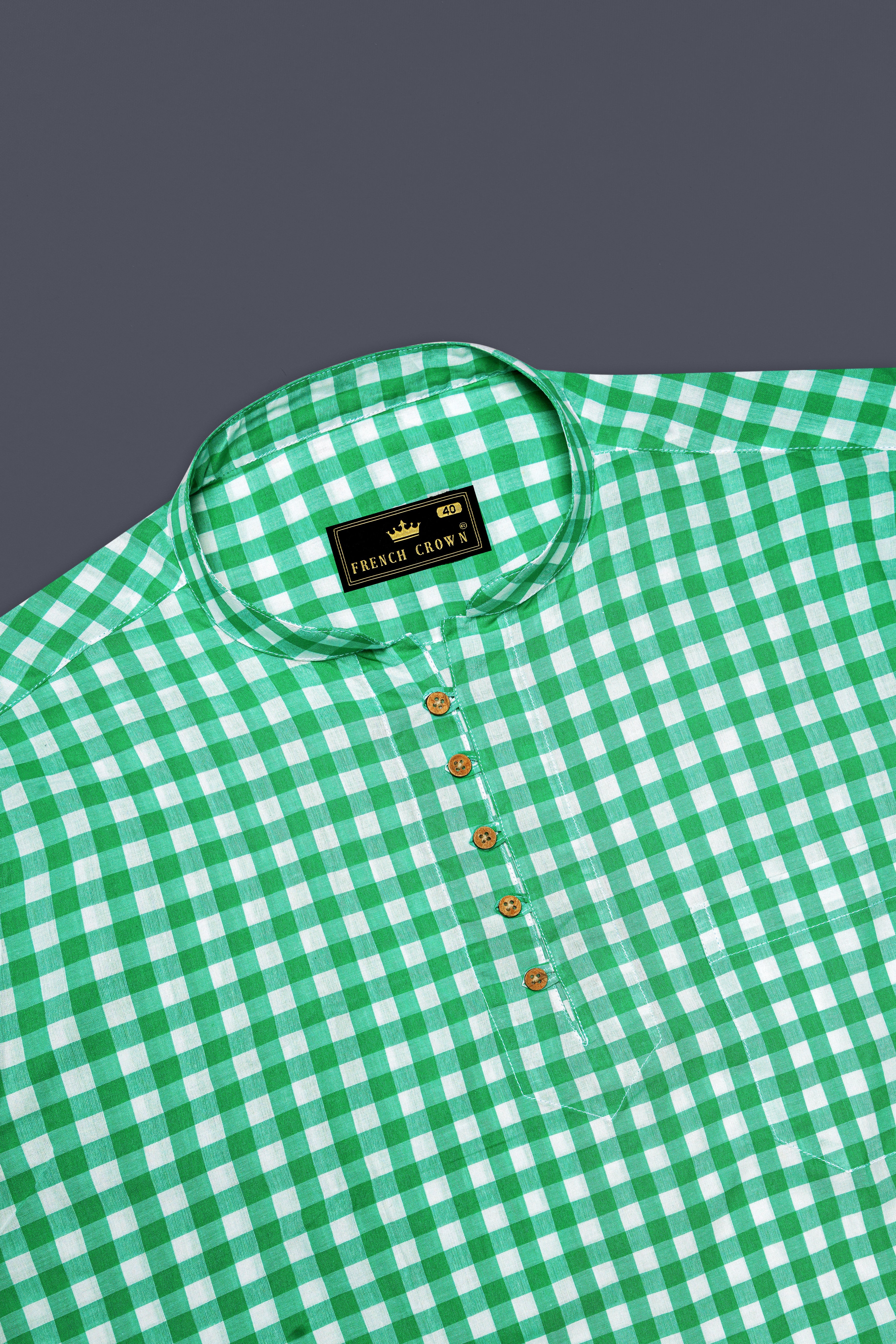 Bright White with Malachite Green Gingham Premium Cotton Kurta Shirt