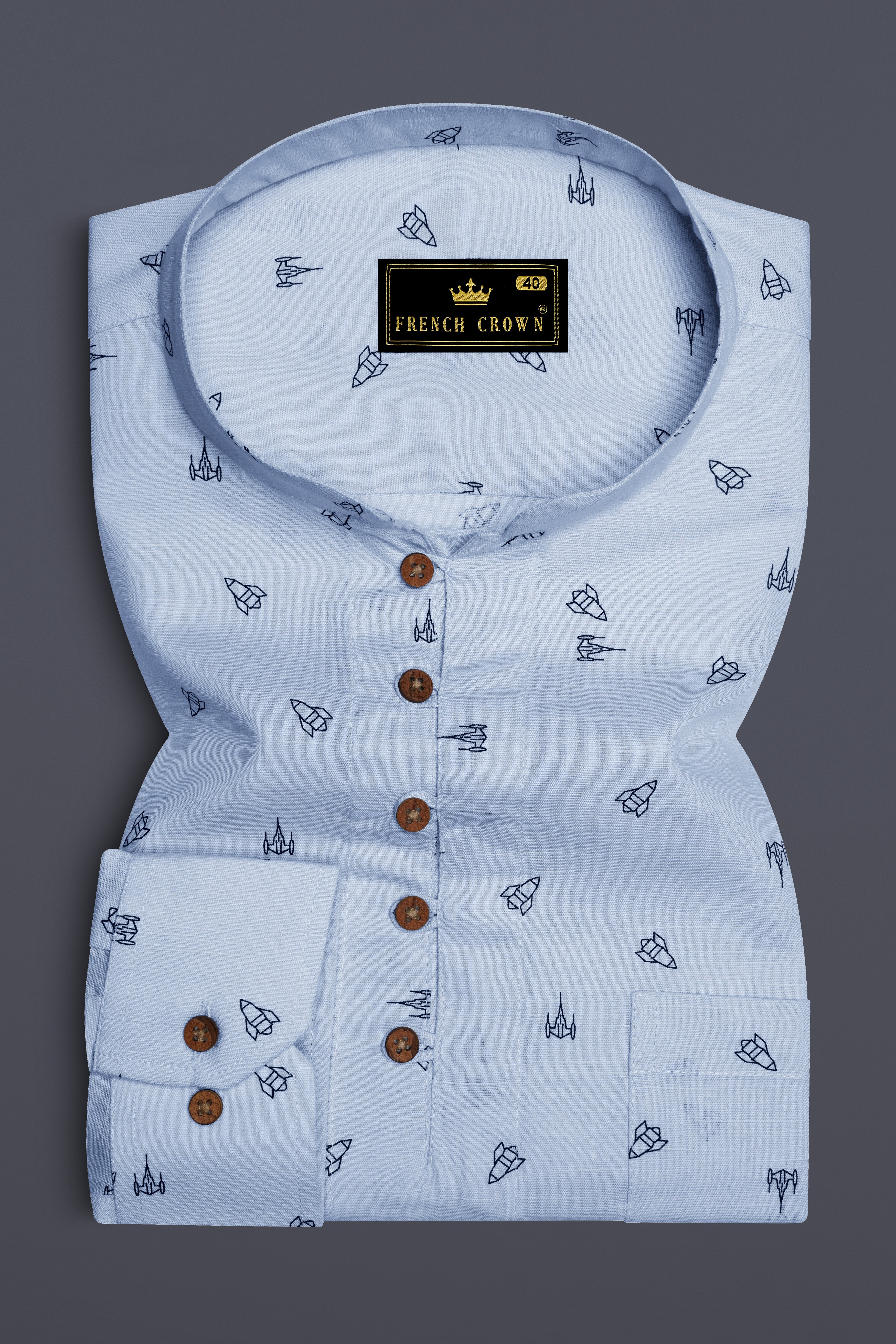 Jagged Ice Blue Rocket Printed Chambray Premium Cotton Kurta Shirt