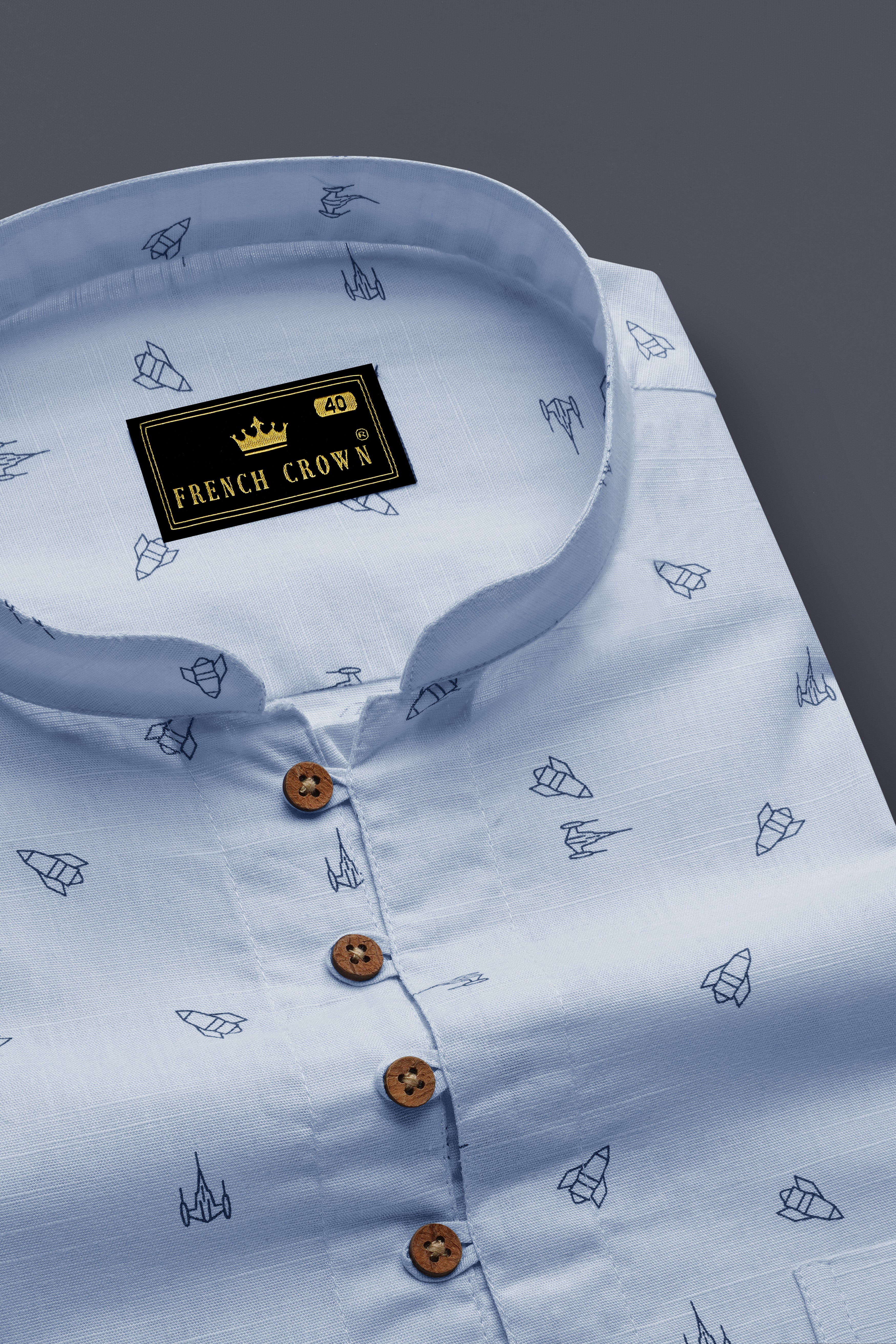 Jagged Ice Blue Rocket Printed Chambray Premium Cotton Kurta Shirt
