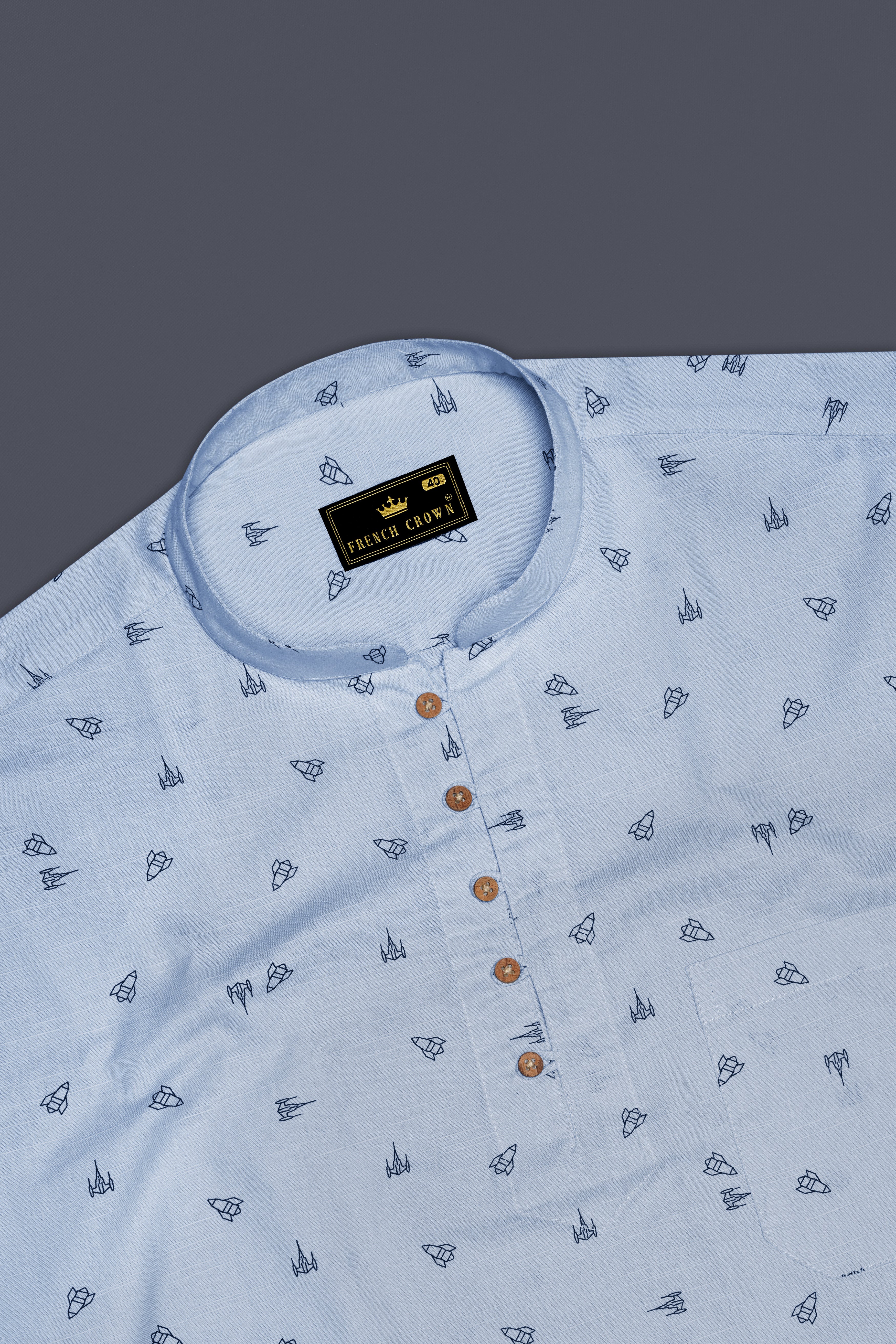 Jagged Ice Blue Rocket Printed Chambray Premium Cotton Kurta Shirt