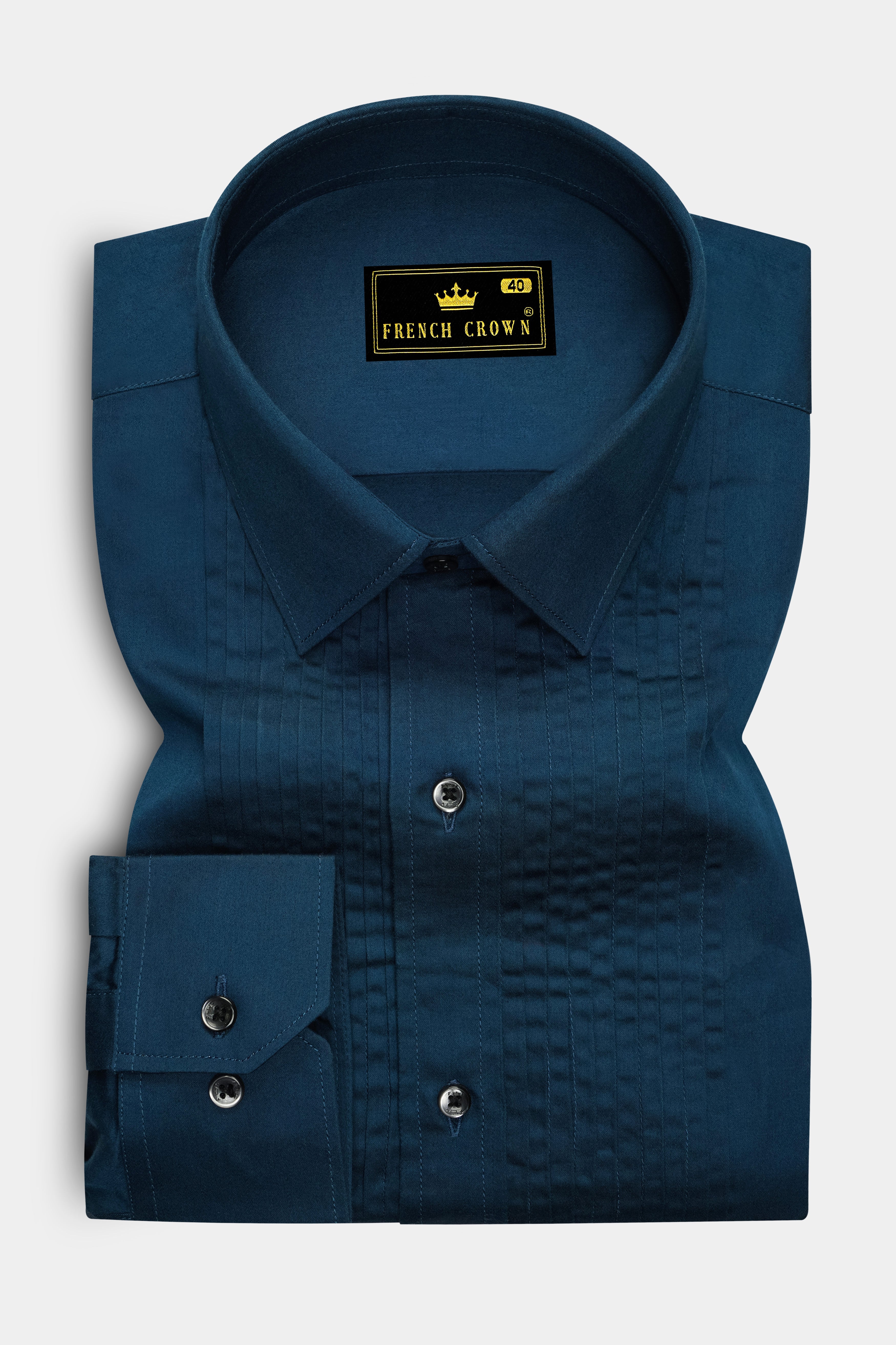 Nile Blue Subtle Sheen Snake Pleated Super Soft Premium Cotton Tuxedo Shirt