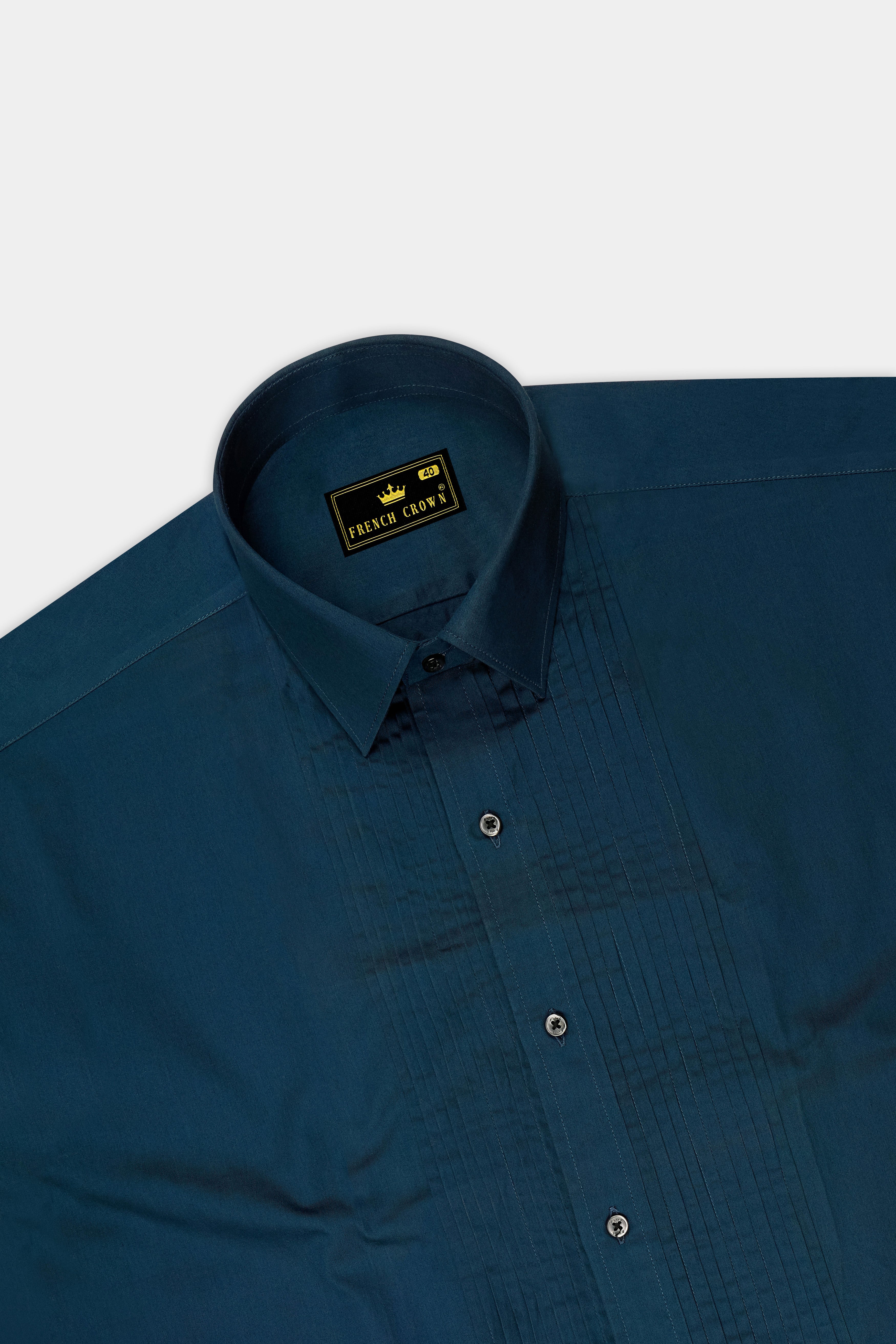 Nile Blue Subtle Sheen Snake Pleated Super Soft Premium Cotton Tuxedo Shirt