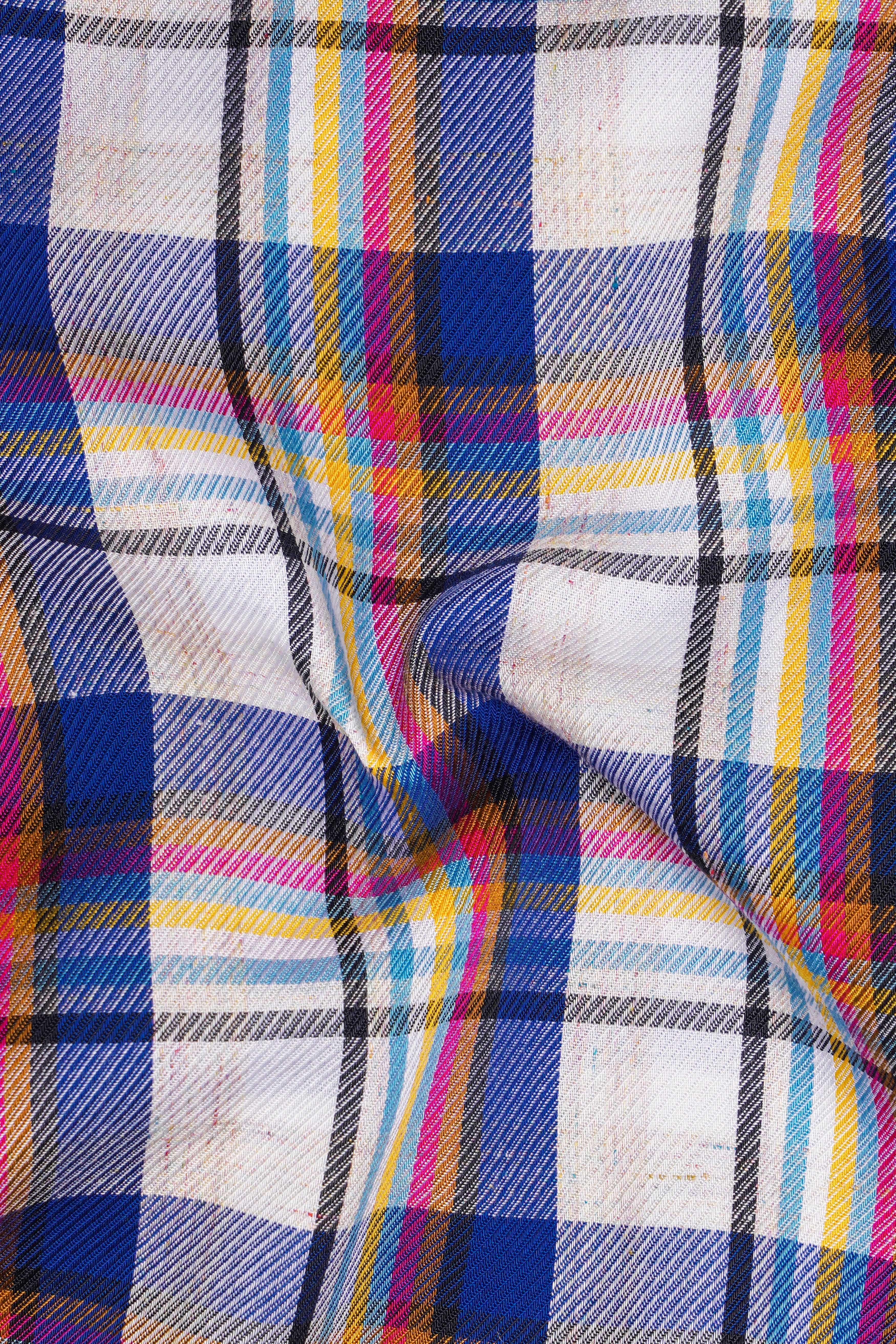 Fawn White with Azure Blue Twill Plaid Premium Cotton Shirt