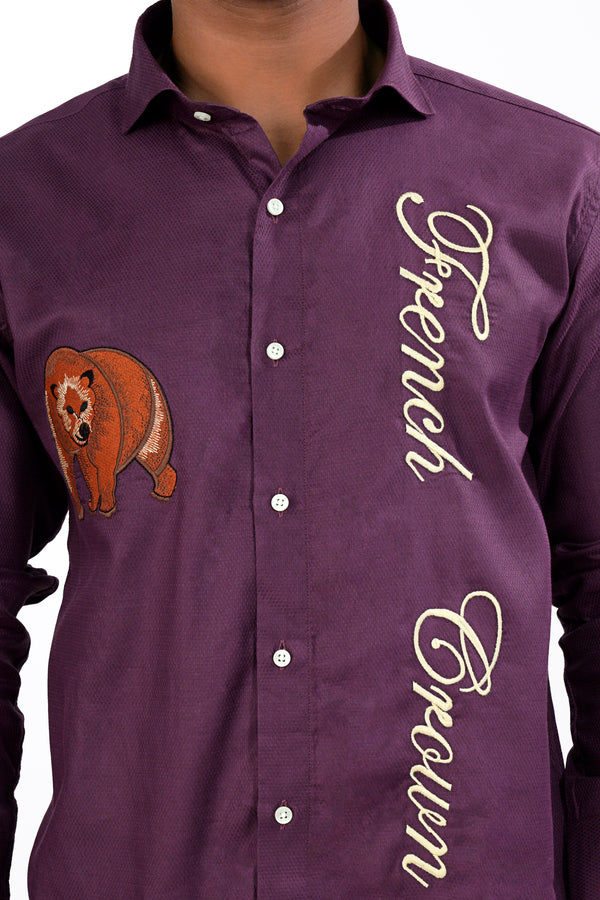 Plum Purple Embroidered Dobby Textured Premium Giza Cotton Designer Shirt
