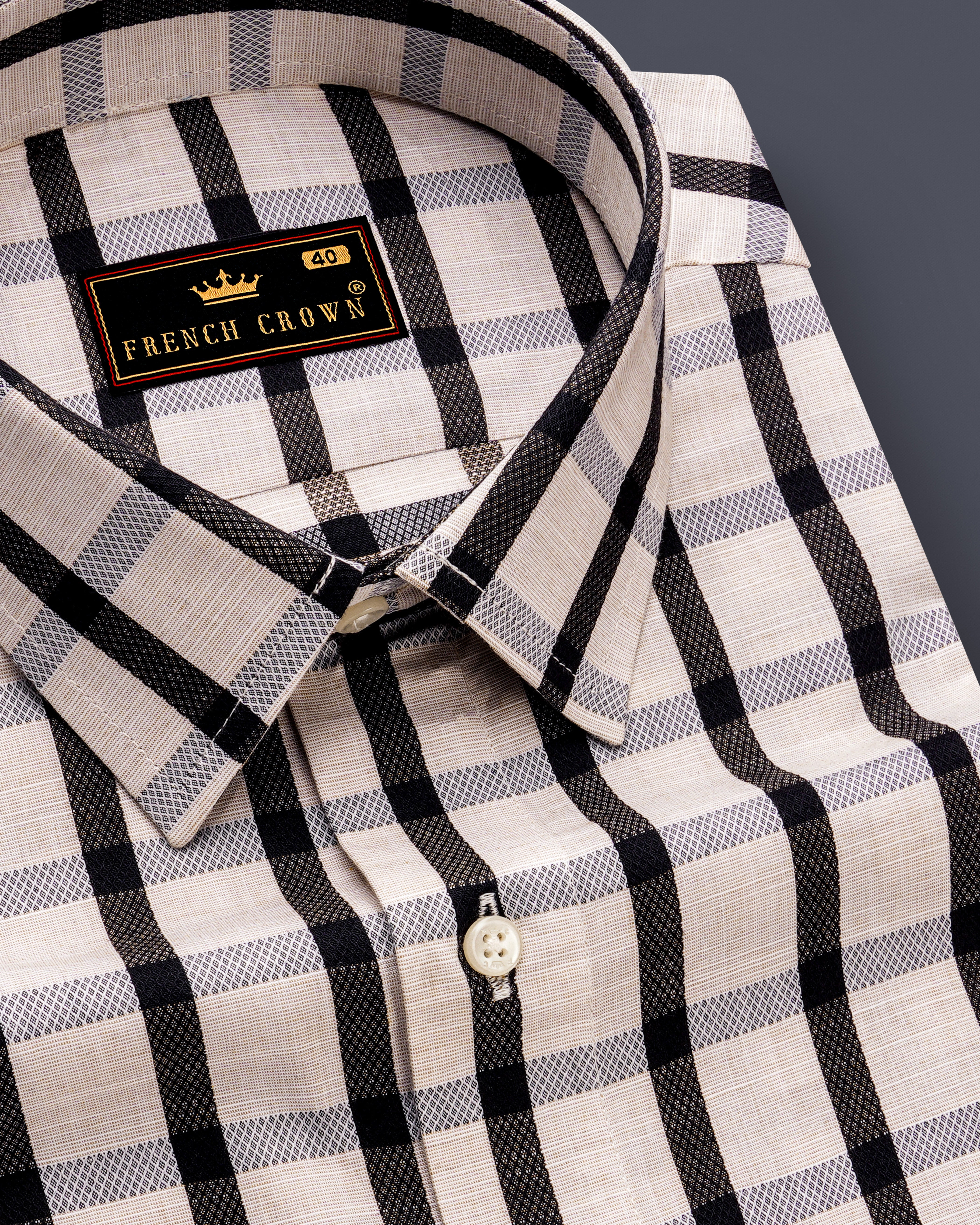 Sea Shell Off White and Jade Black Checkered Dobby Textured Premium Giza Cotton Shirt