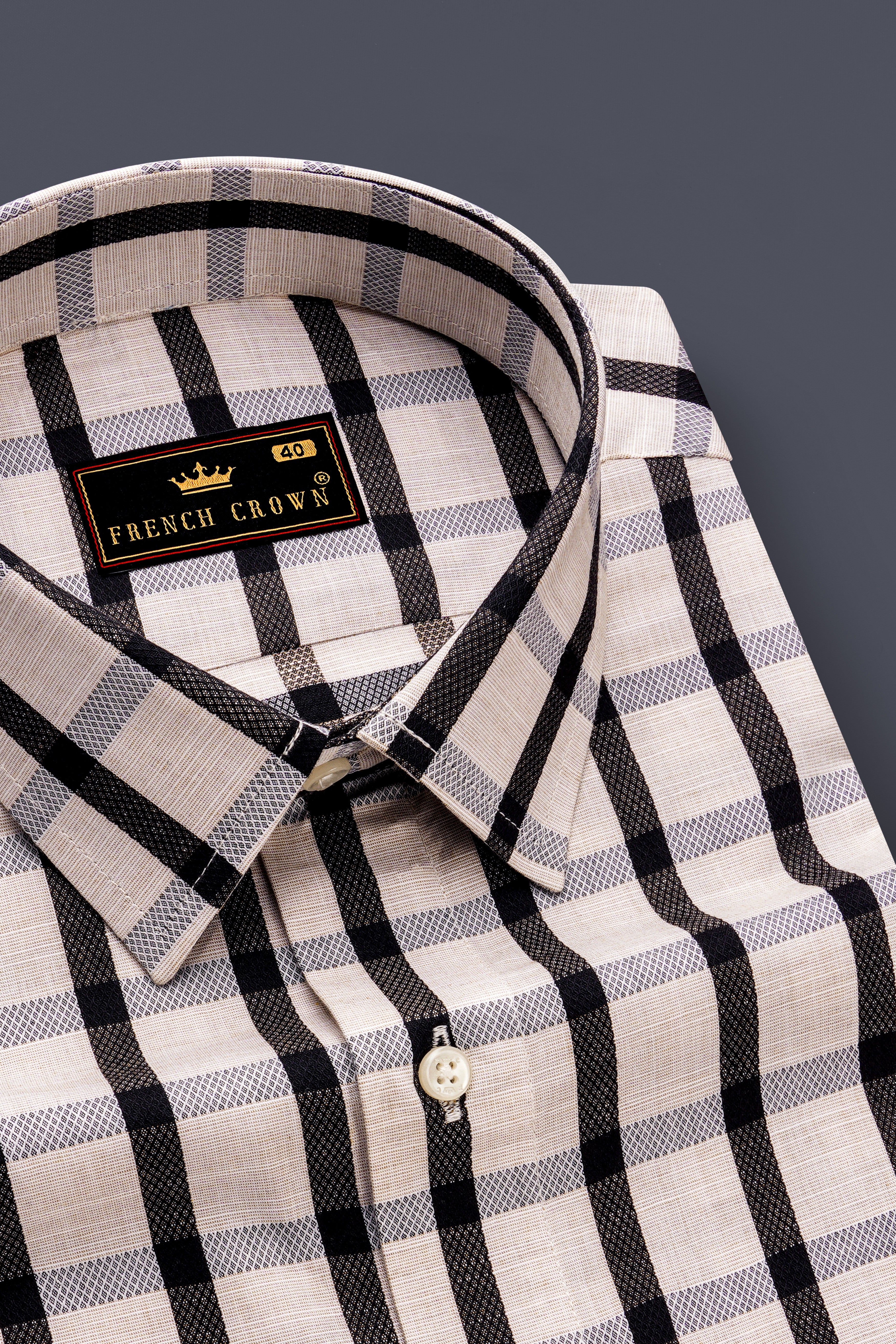 Sea Shell Off White and Jade Black Checkered Dobby Textured Premium Giza Cotton Shirt