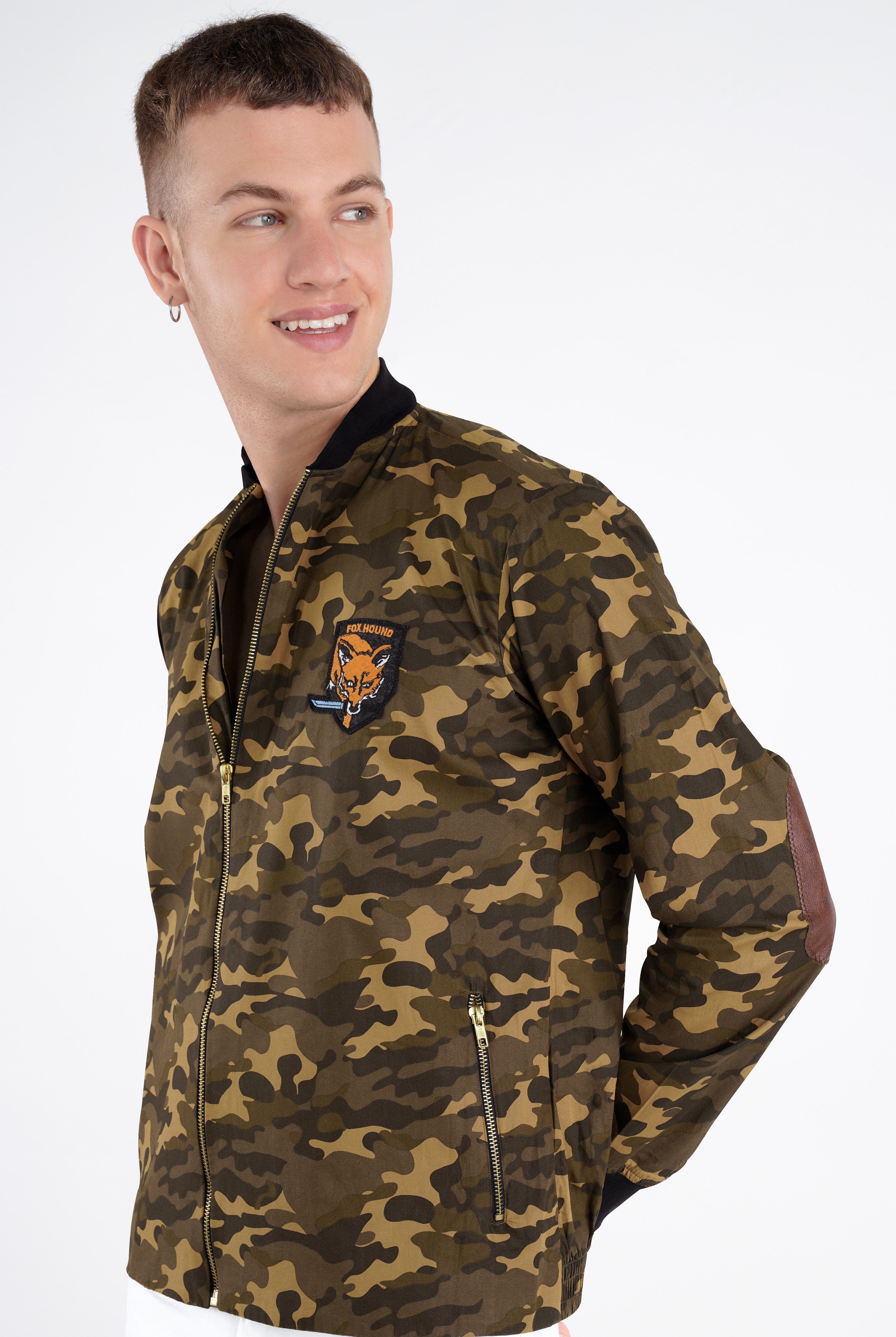 Birch Brown with Millbrook Green Camouflage Patchwork Royal Oxford Bomber Jacket