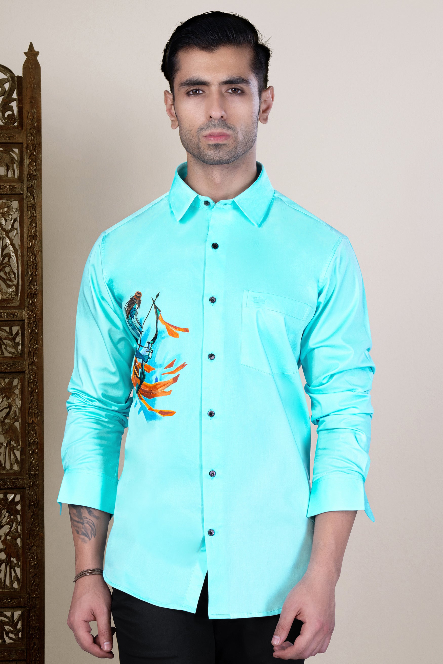 Cyan Blue Lord Ram Hand Painted Effect Subtle Sheen Super Soft Premium Cotton Designer Shirt