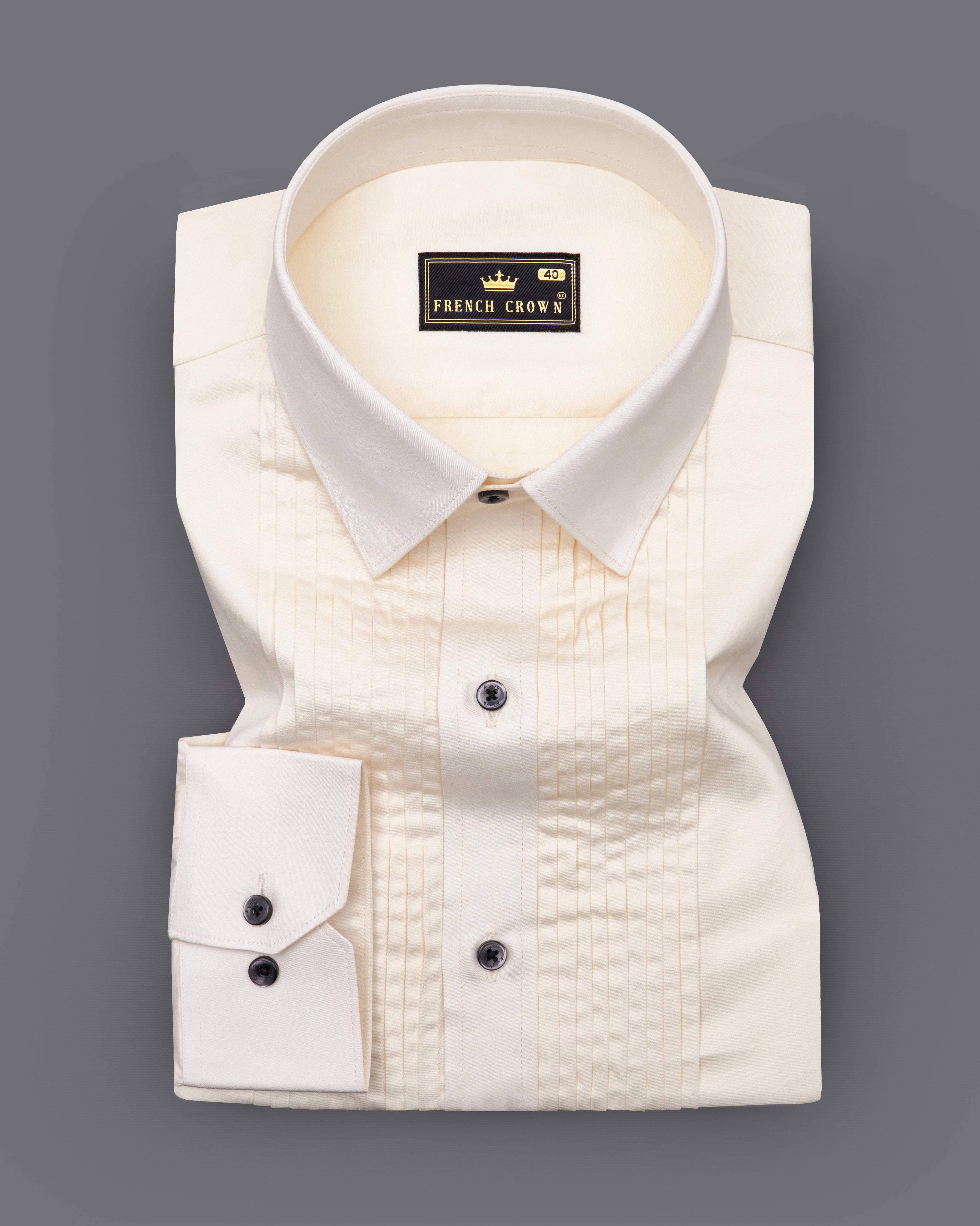 Fantasy Cream Subtle Sheen Snake Pleated Super Soft Premium Cotton Tuxedo Shirt