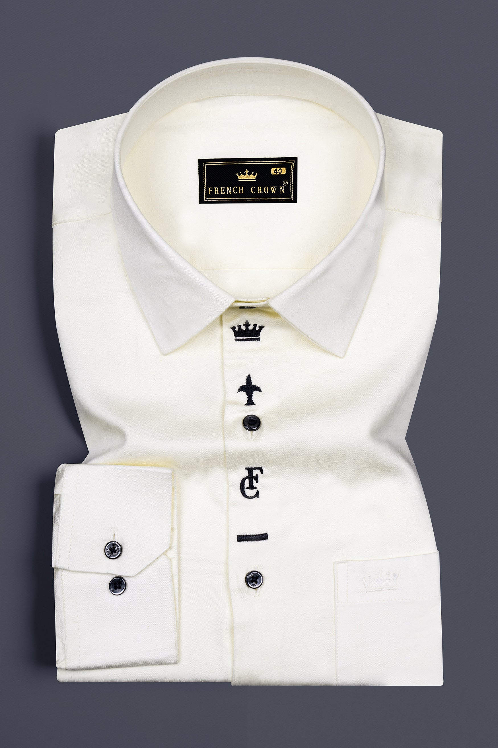 Amour Cream French Crown Elements Embroidered Subtle Sheen Super Soft Premium Cotton Designer Shirt