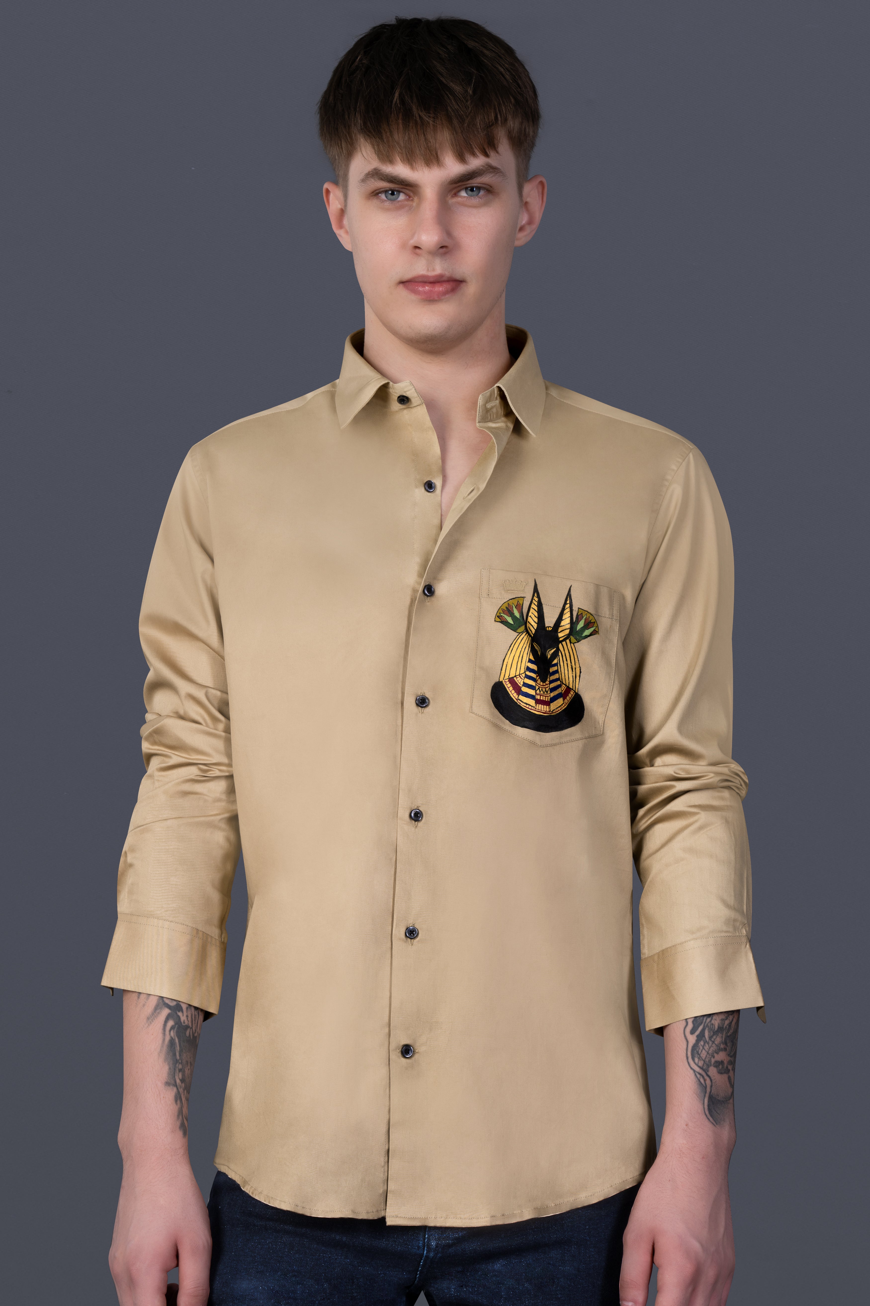 Sorrel Brown Egyptian God Hand Painted Subtle Sheen Super Soft Premium Cotton Designer Shirt