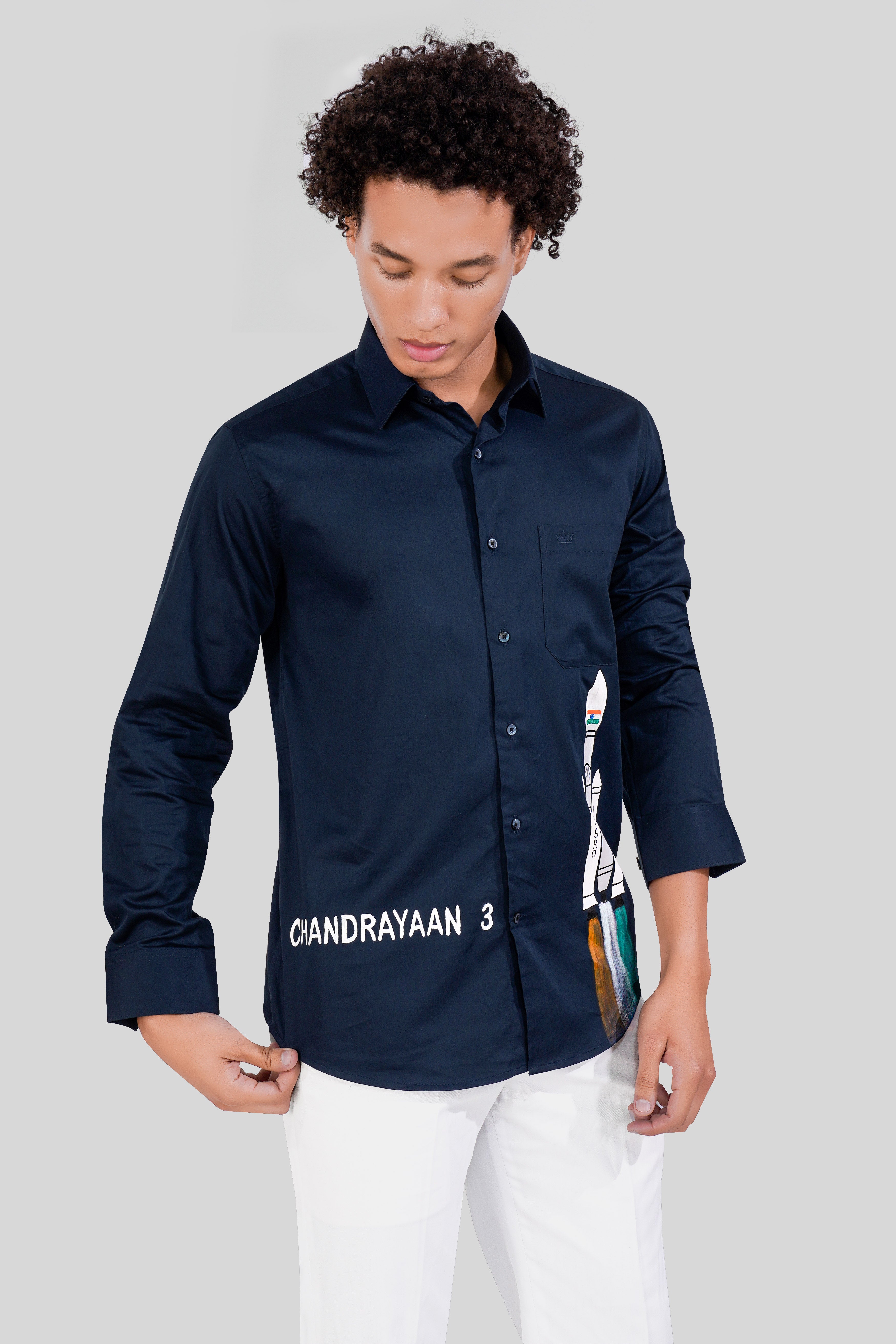 Baltic Sea Blue Chandrayaan-3 Hand-Painted Super Soft Premium Cotton Designer Shirt