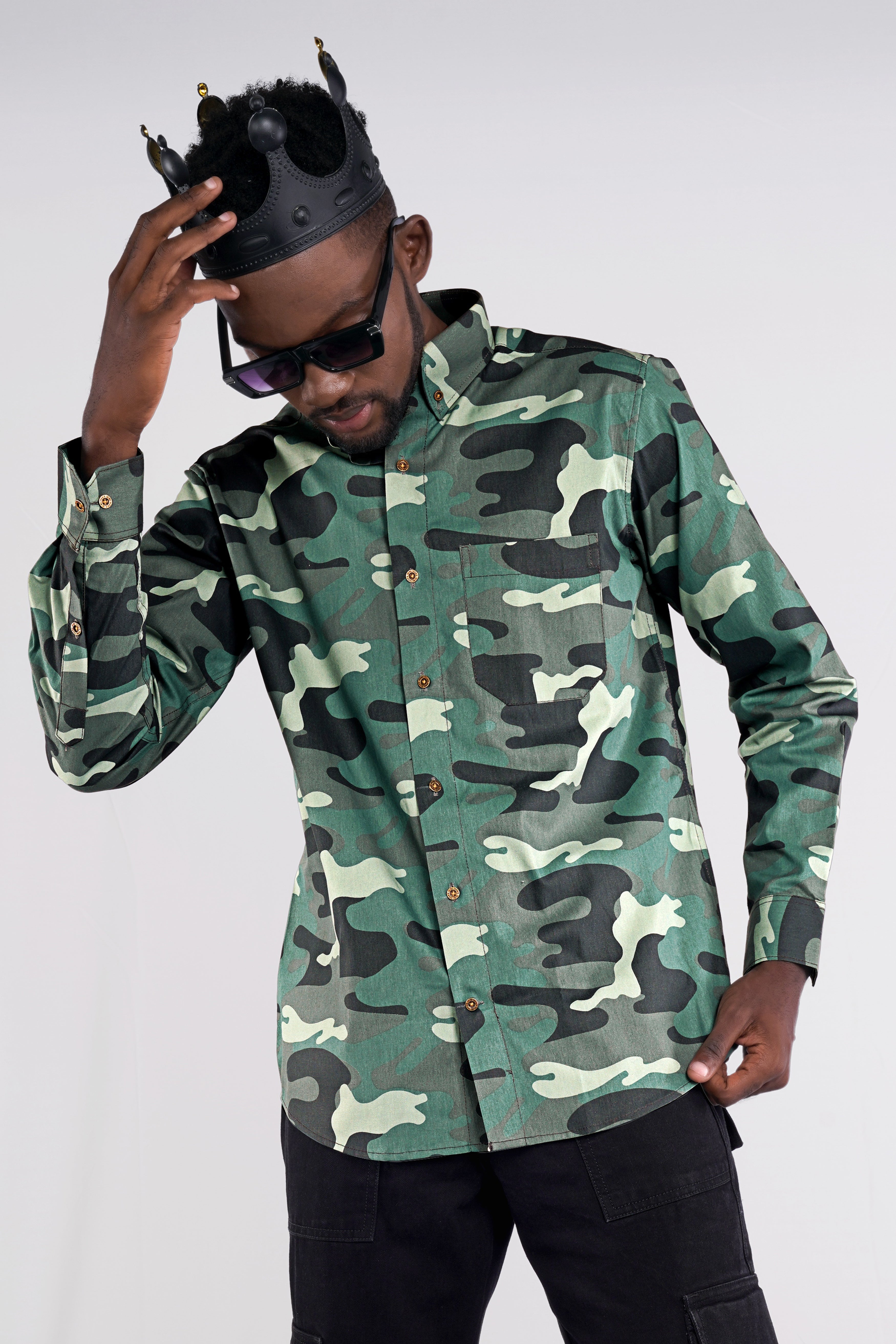 Viridian Green with Multicolour Camouflage Printed Royal Oxford Shirt