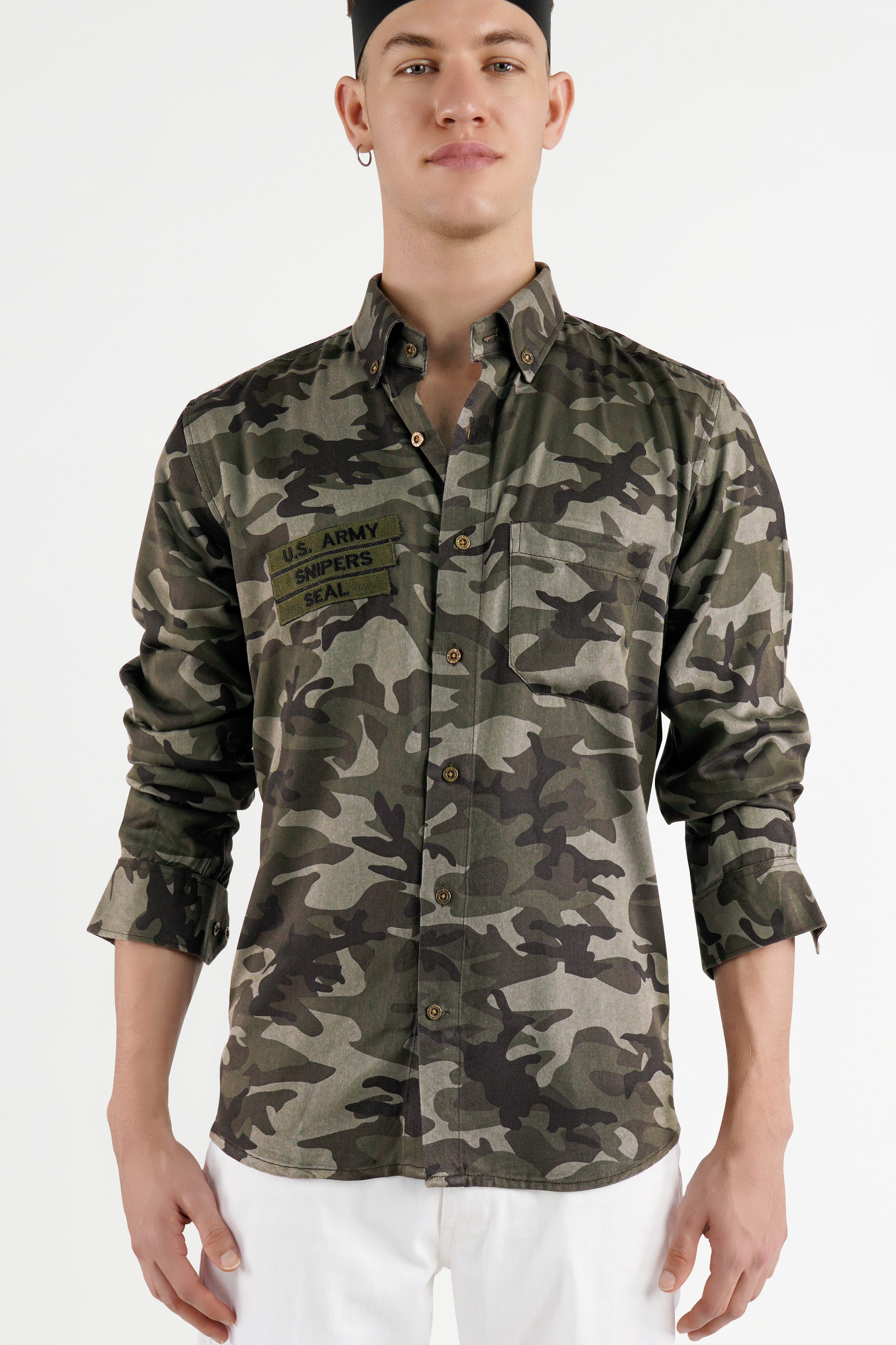 Lunar Dark Green with Concord Green Camouflage Patchwork Premium Tencel Designer Shirt