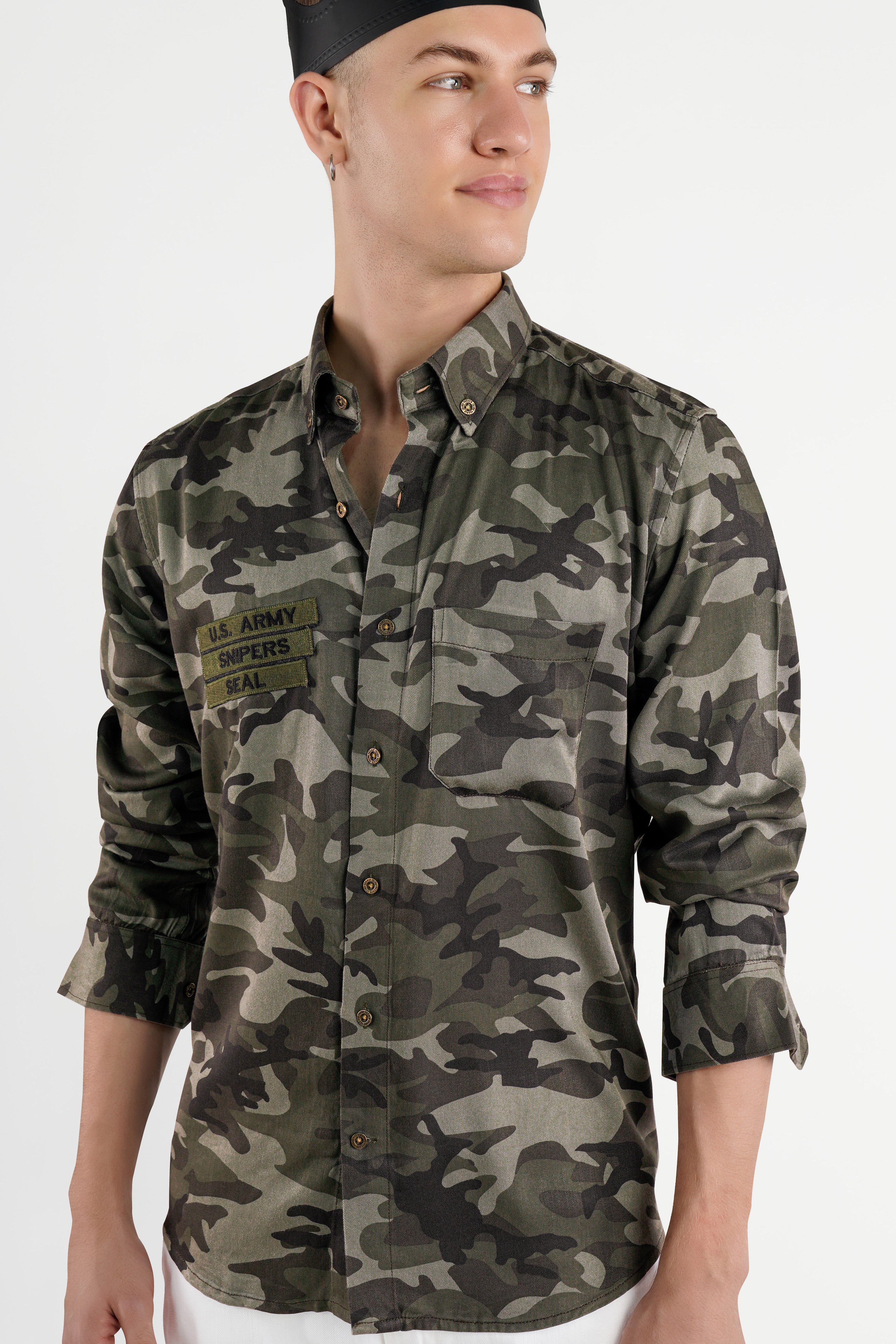 Lunar Dark Green with Concord Green Camouflage Patchwork Premium Tencel Designer Shirt