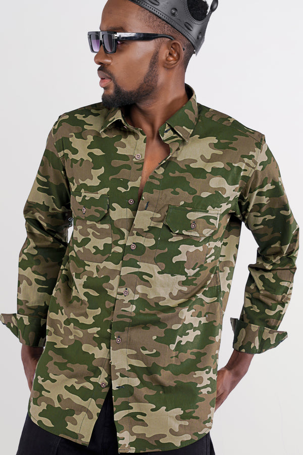 Wenge Brown with Charcoal Green Camouflage Printed Royal Oxford Designer Shirt