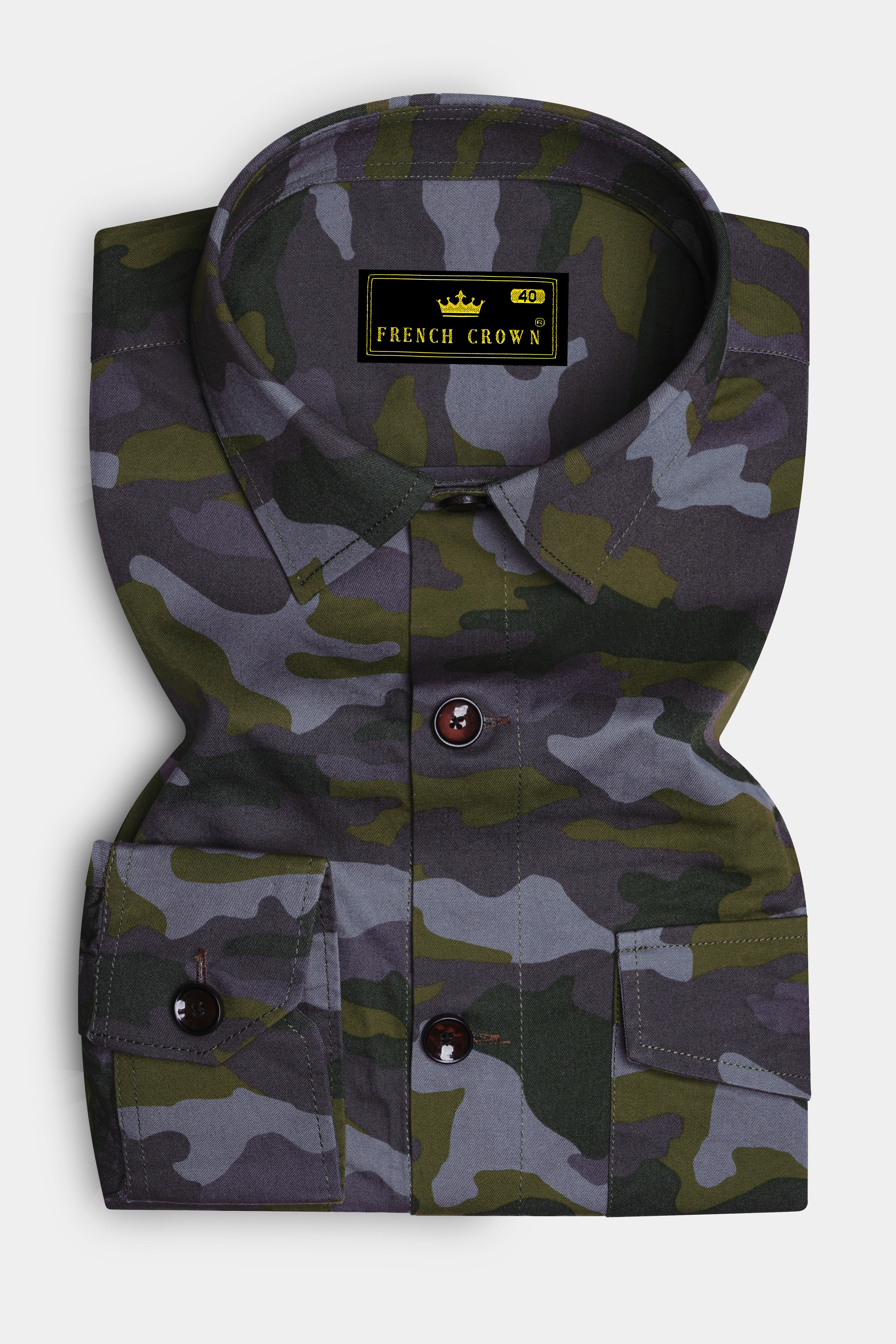 Gravel Gray with Hemlock Green Camouflage Printed Royal Oxford Designer Overshirt/Shacket