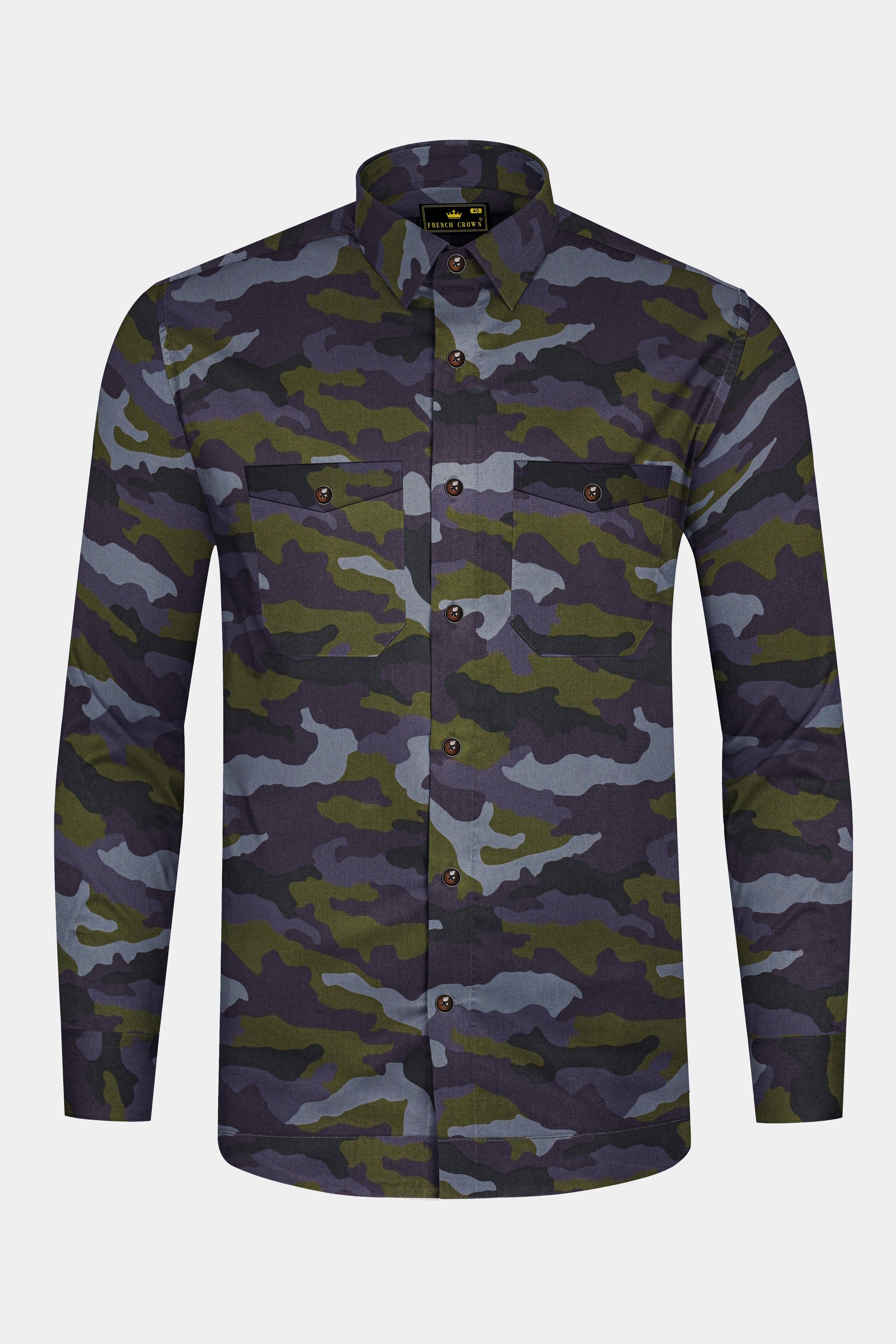Gravel Gray with Hemlock Green Camouflage Printed Royal Oxford Designer Overshirt/Shacket