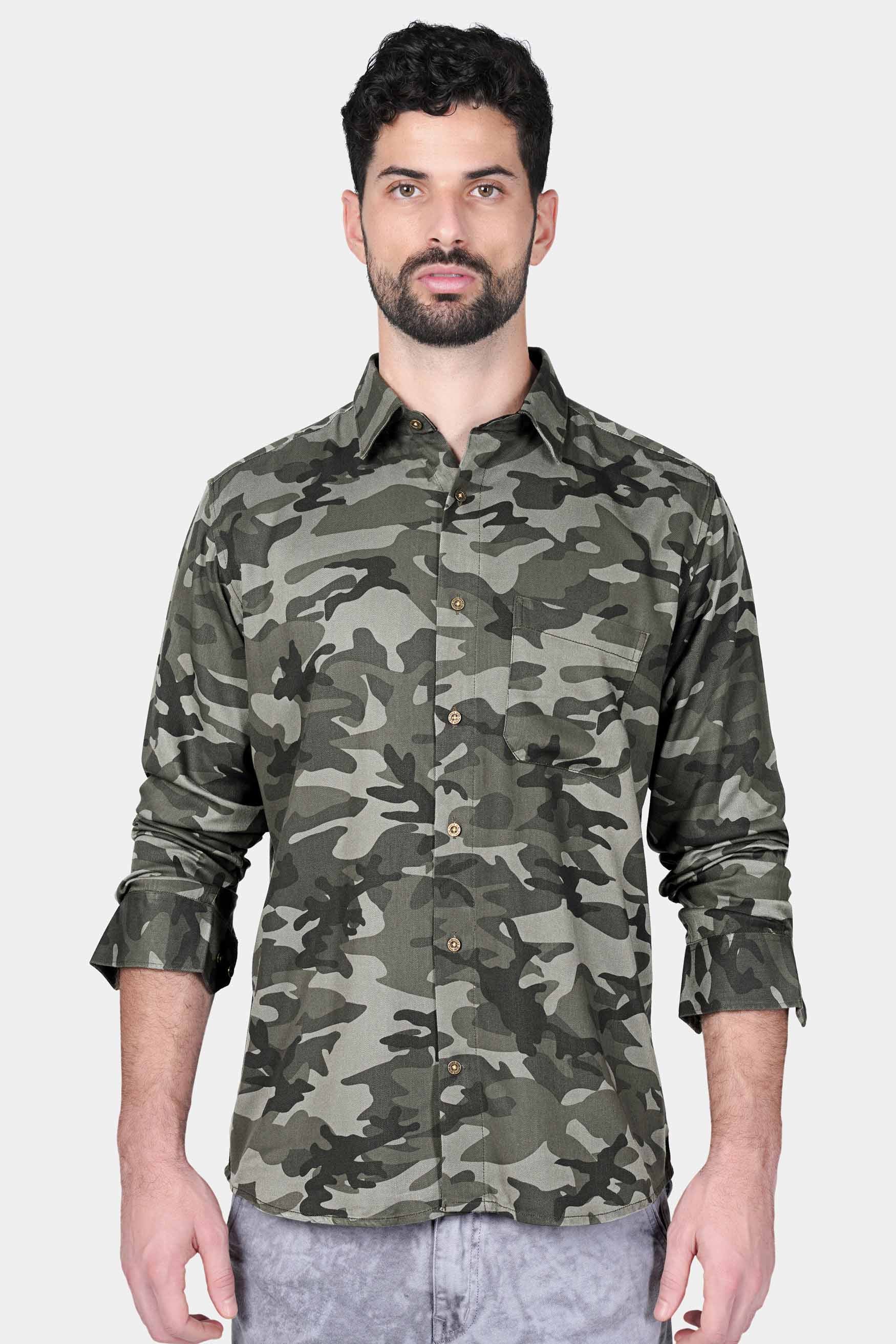 Gunmetal Gray with Black and White Camouflage Printed Premium Tencel  Designer Shirt