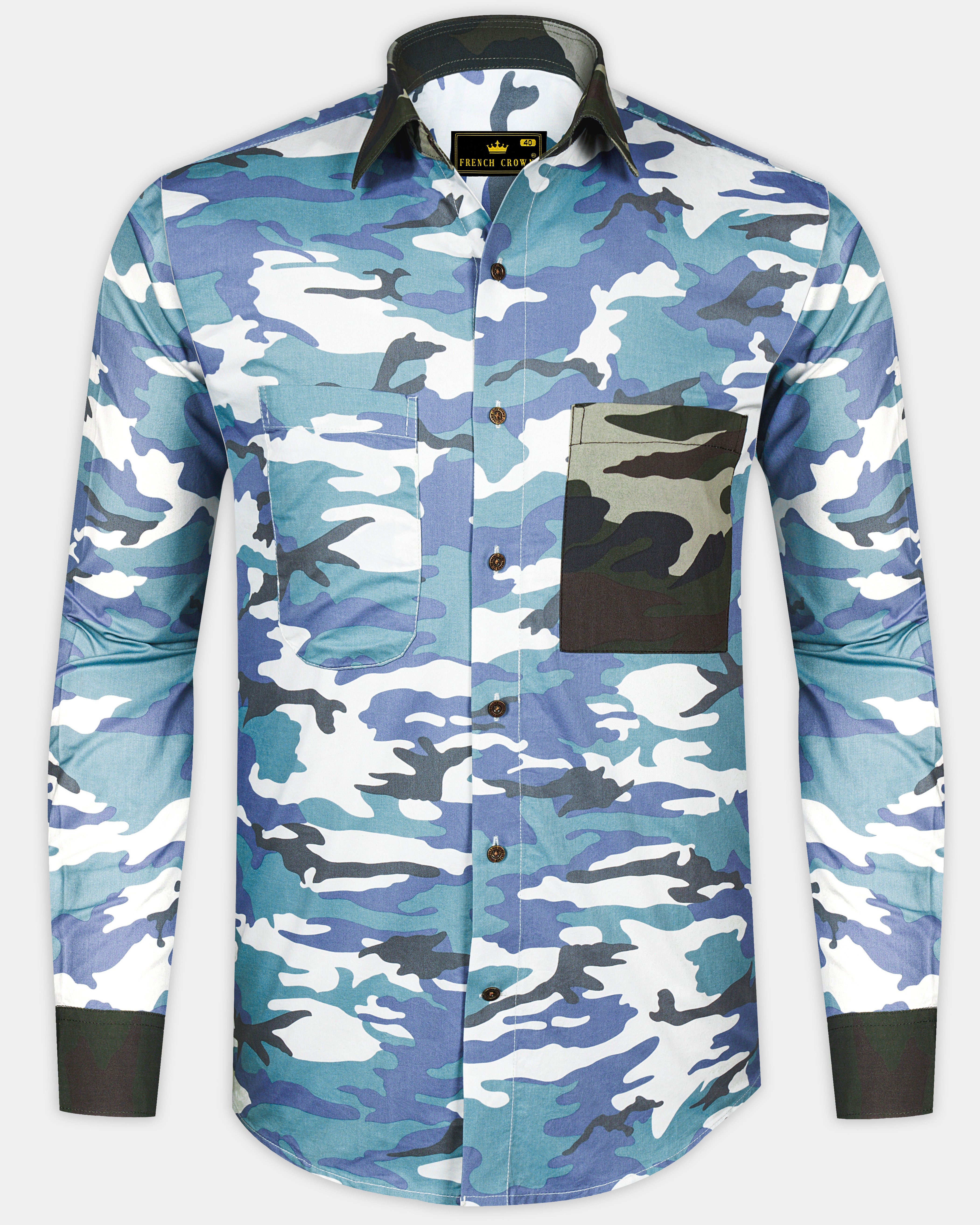 Comet Blue With Multicoloured  Camouflage Printed Royal Oxford Designer Shirt