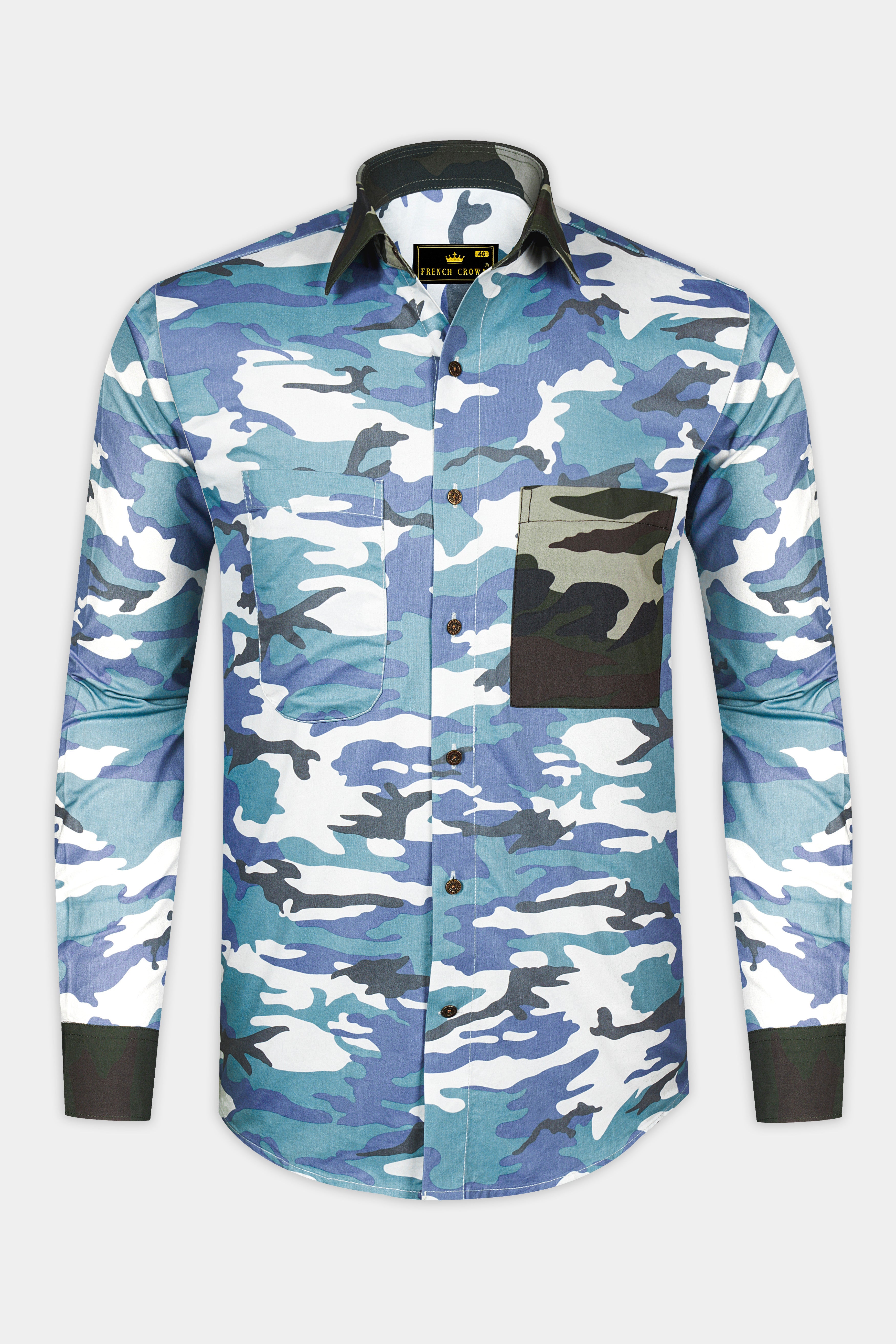 Comet Blue With Multicoloured  Camouflage Printed Royal Oxford Designer Shirt
