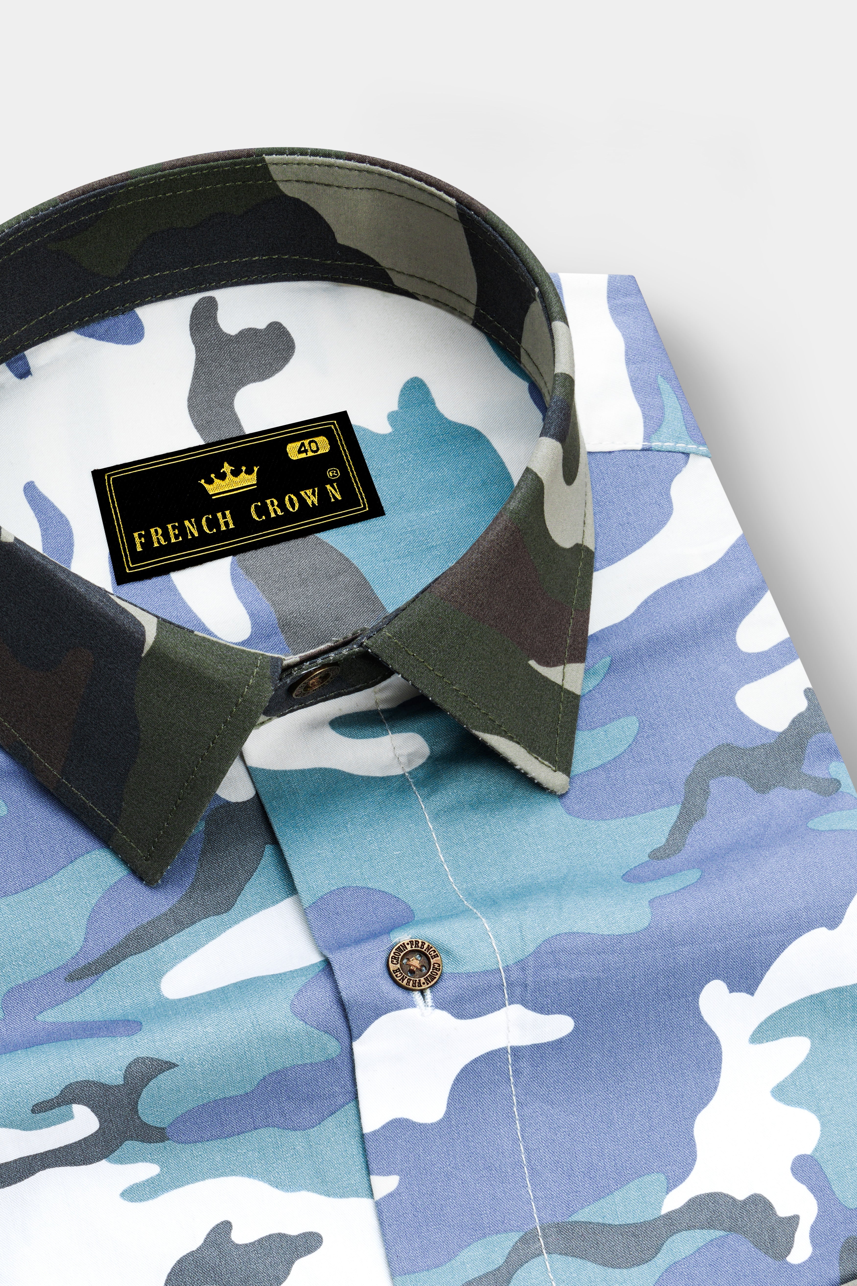 Comet Blue With Multicoloured  Camouflage Printed Royal Oxford Designer Shirt