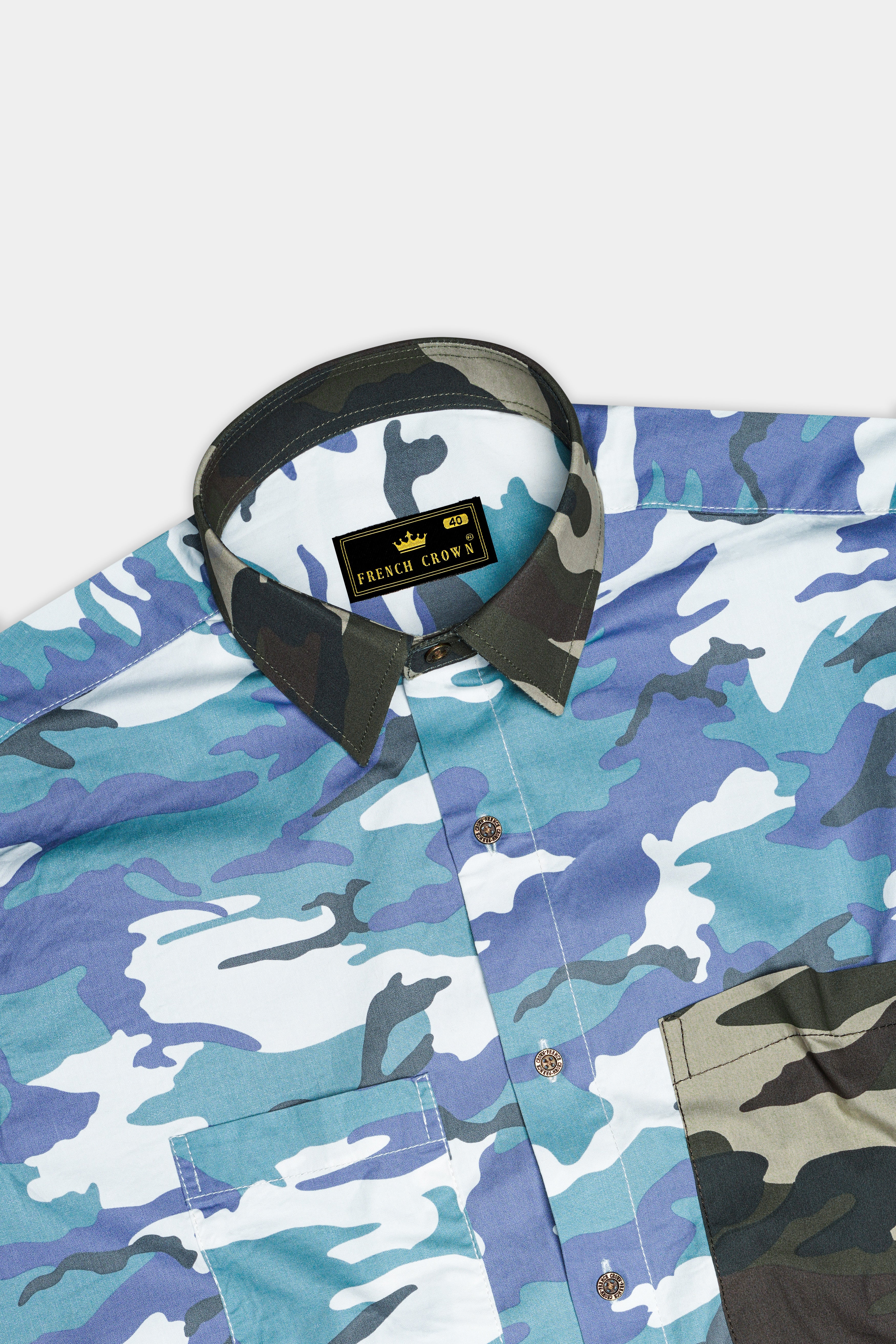 Comet Blue With Multicoloured  Camouflage Printed Royal Oxford Designer Shirt