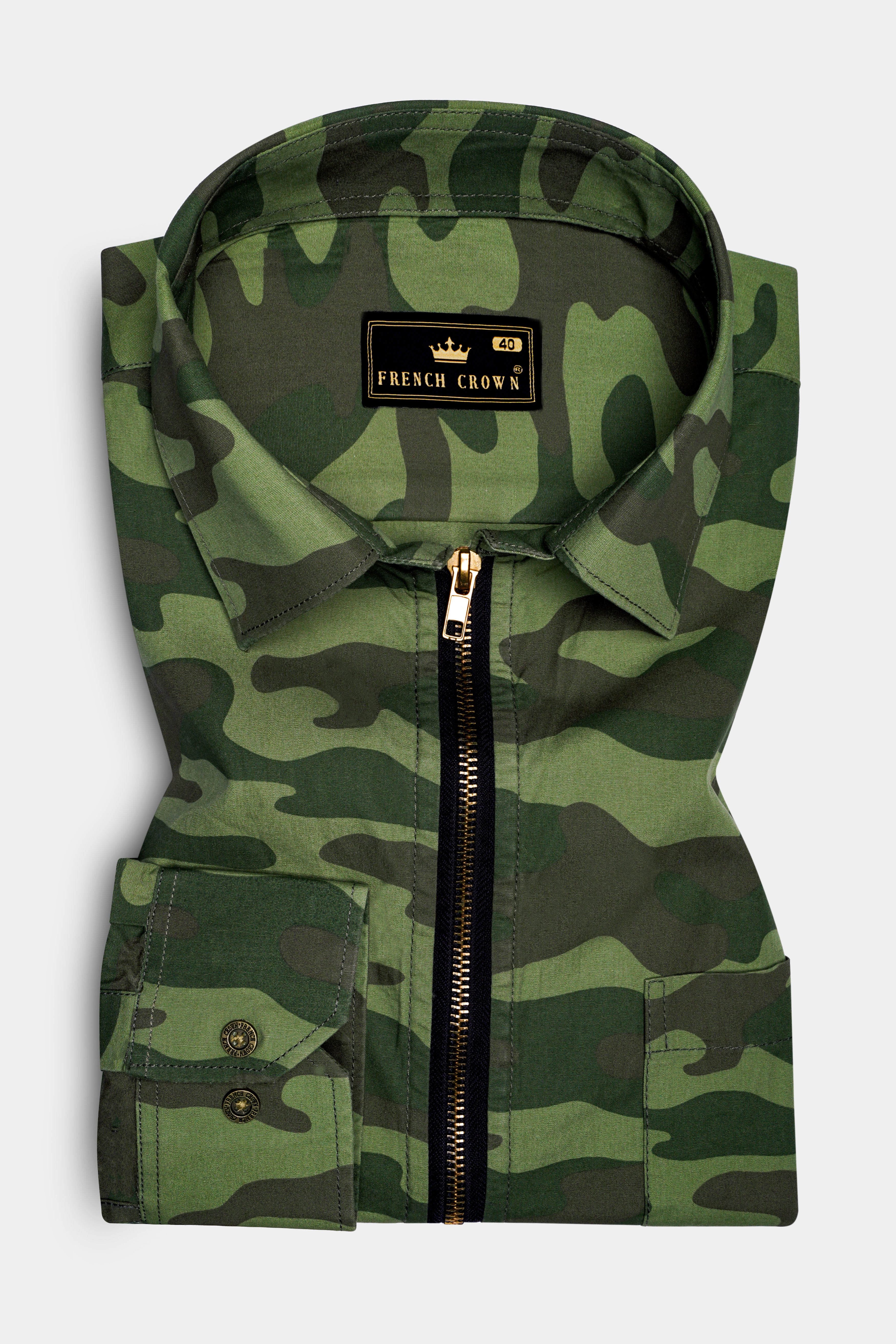 Mallard Green with Fuscous Brown Camouflage Printed Royal Oxford Designer Zipper Jacket