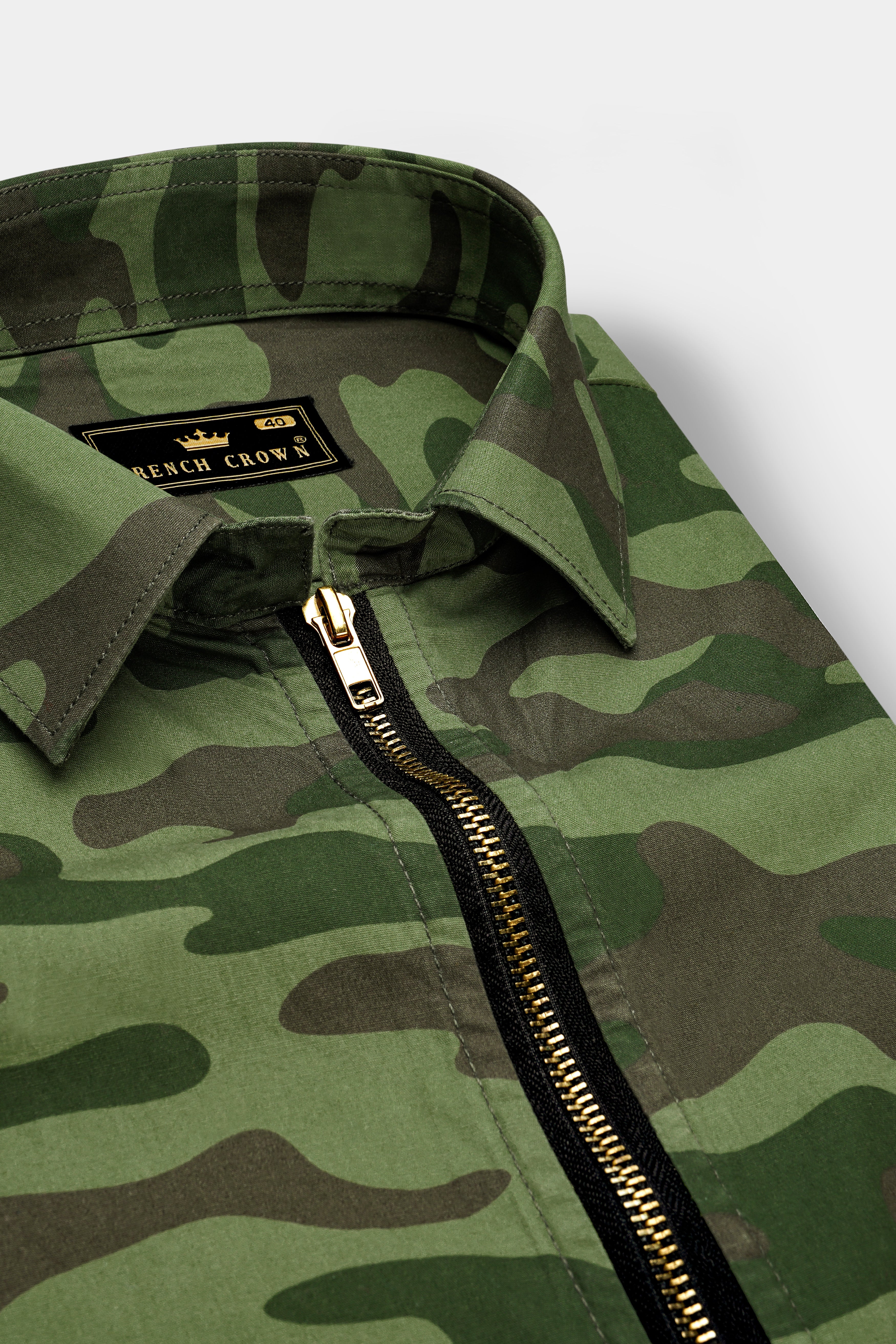 Mallard Green with Fuscous Brown Camouflage Printed Royal Oxford Designer Zipper Jacket