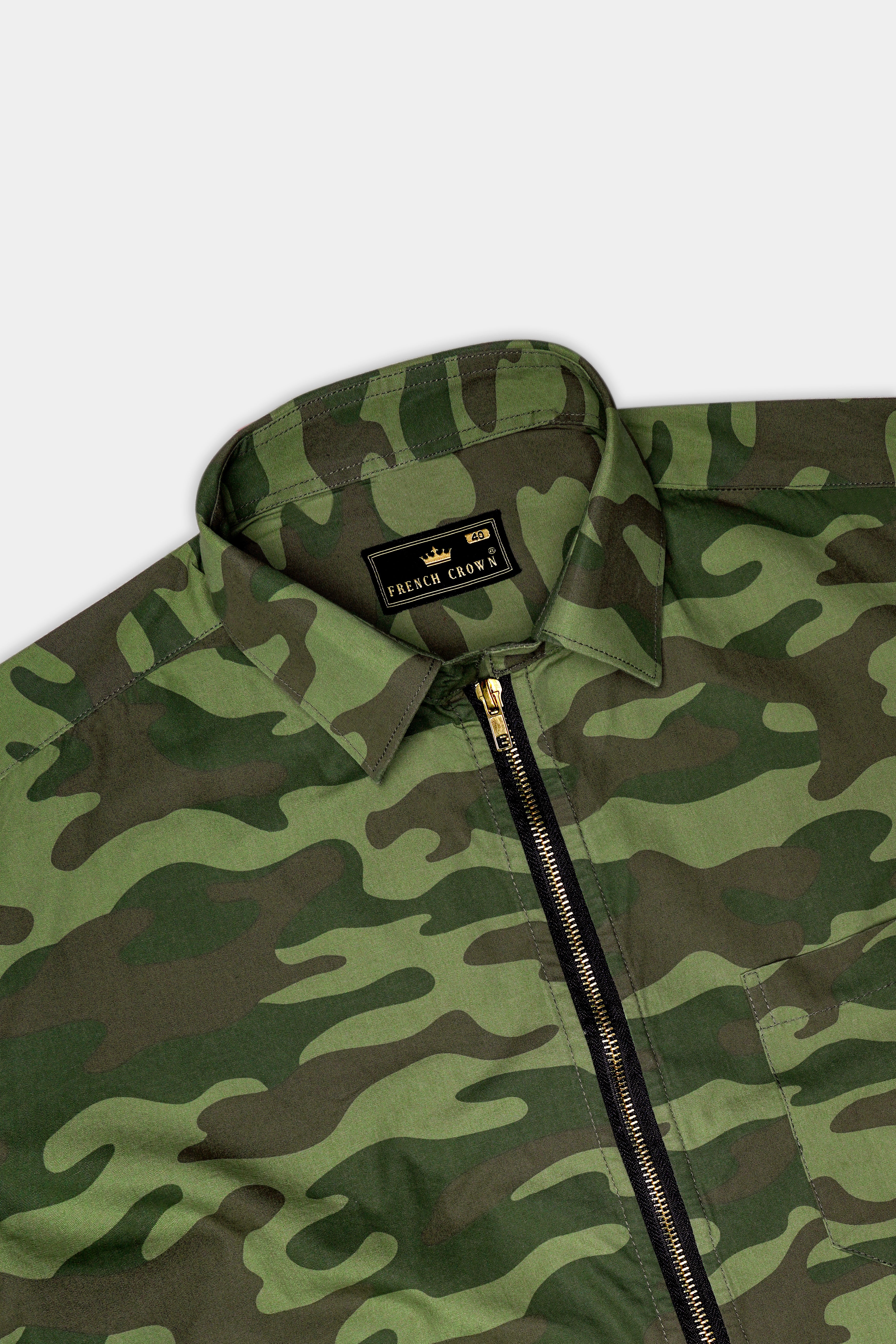 Mallard Green with Fuscous Brown Camouflage Printed Royal Oxford Designer Zipper Jacket