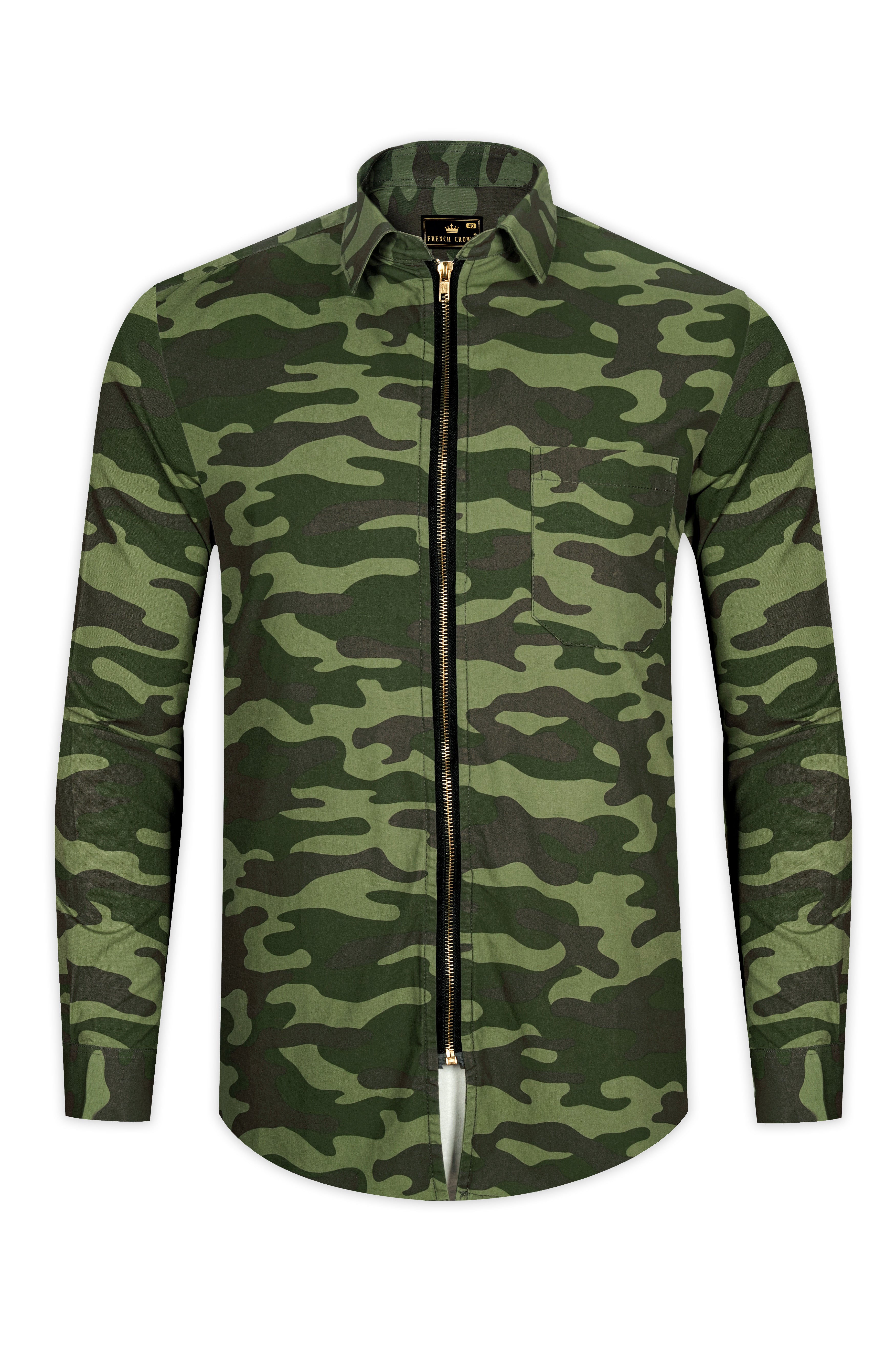 Mallard Green with Fuscous Brown Camouflage Printed Royal Oxford Designer Zipper Jacket