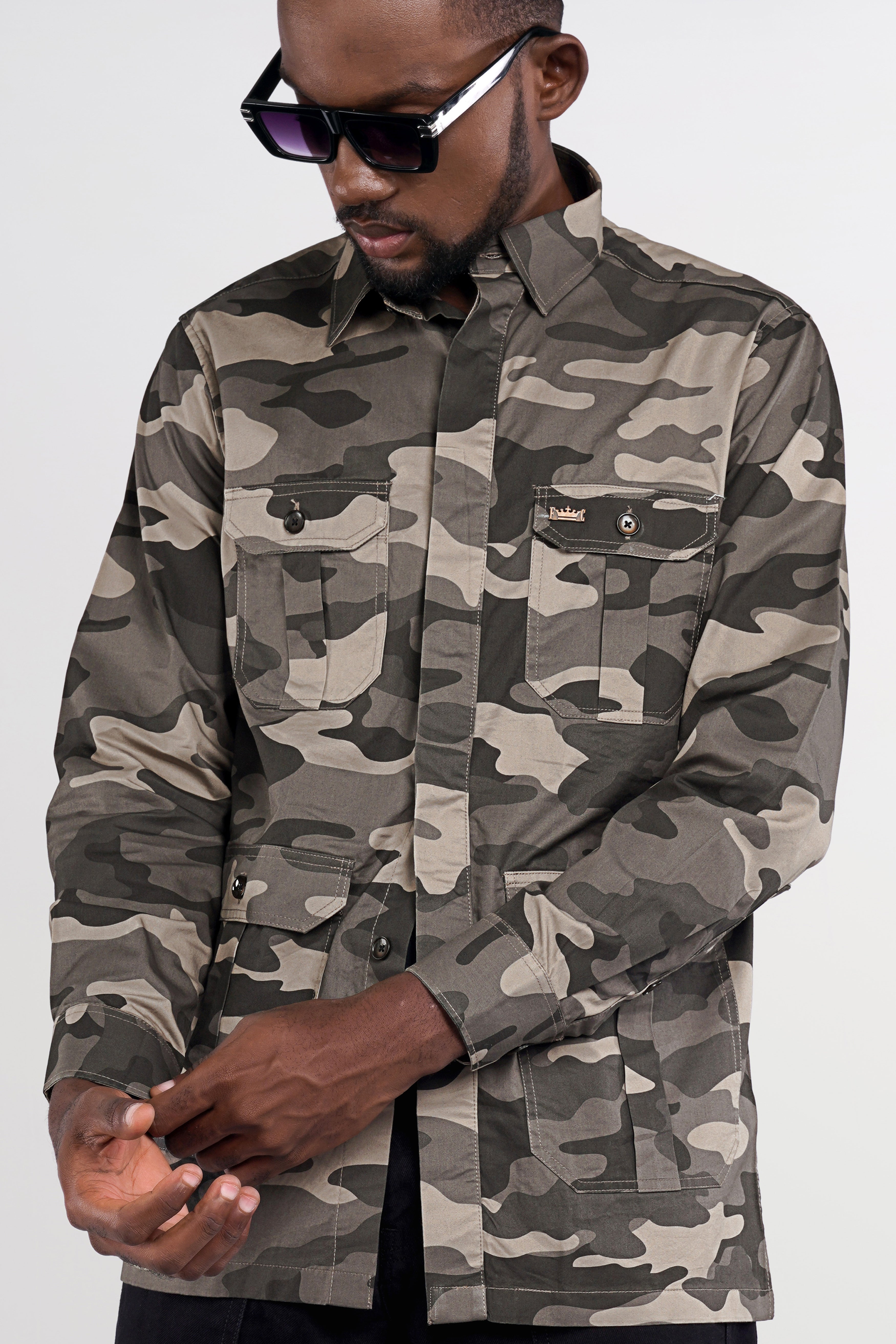 Thatch Brown with Dune Black Camouflage Printed Royal Oxford Designer Shirt