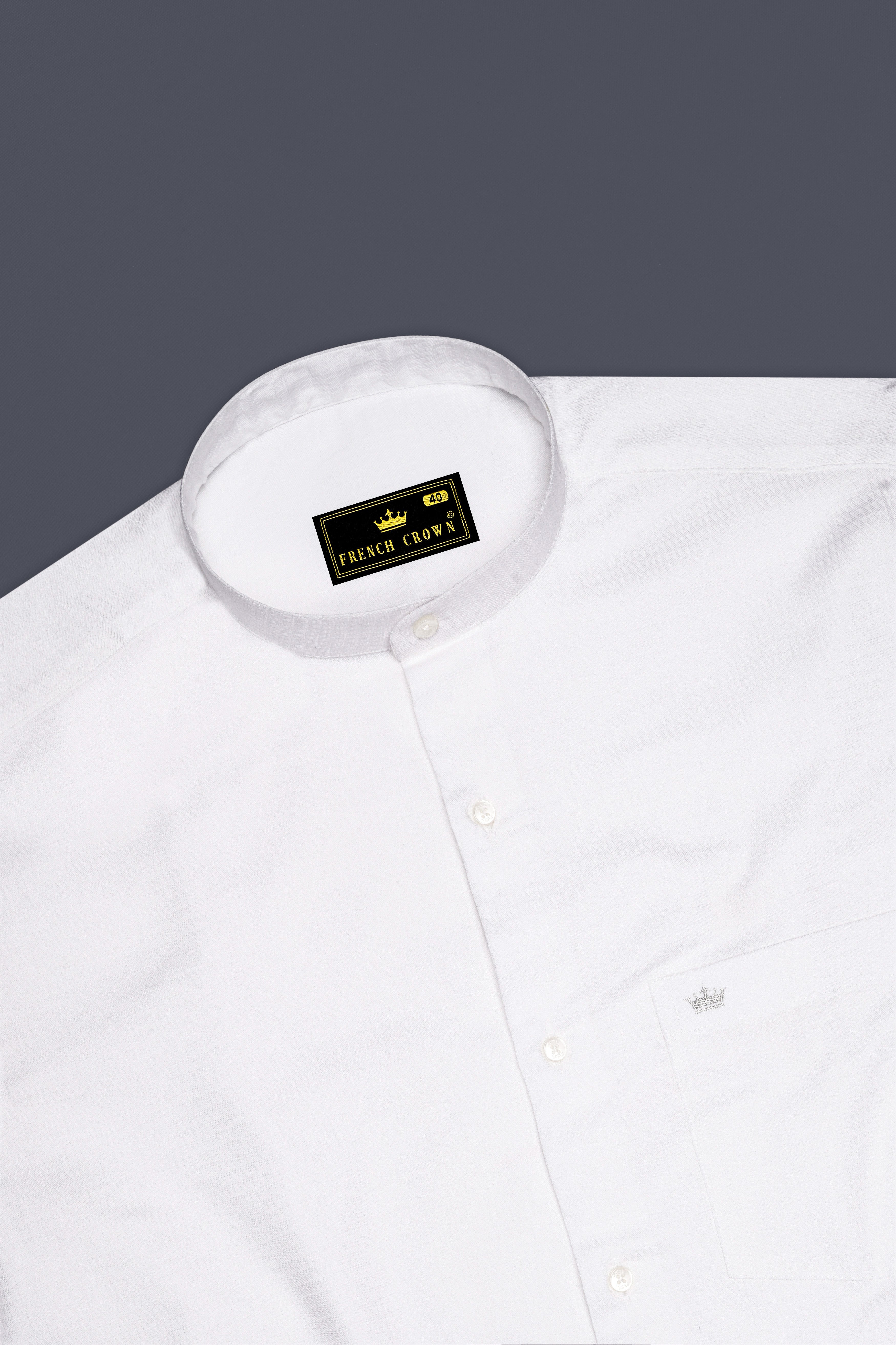 Bright White Dobby Textured Premium Giza Cotton Mandarin Collar Shirt