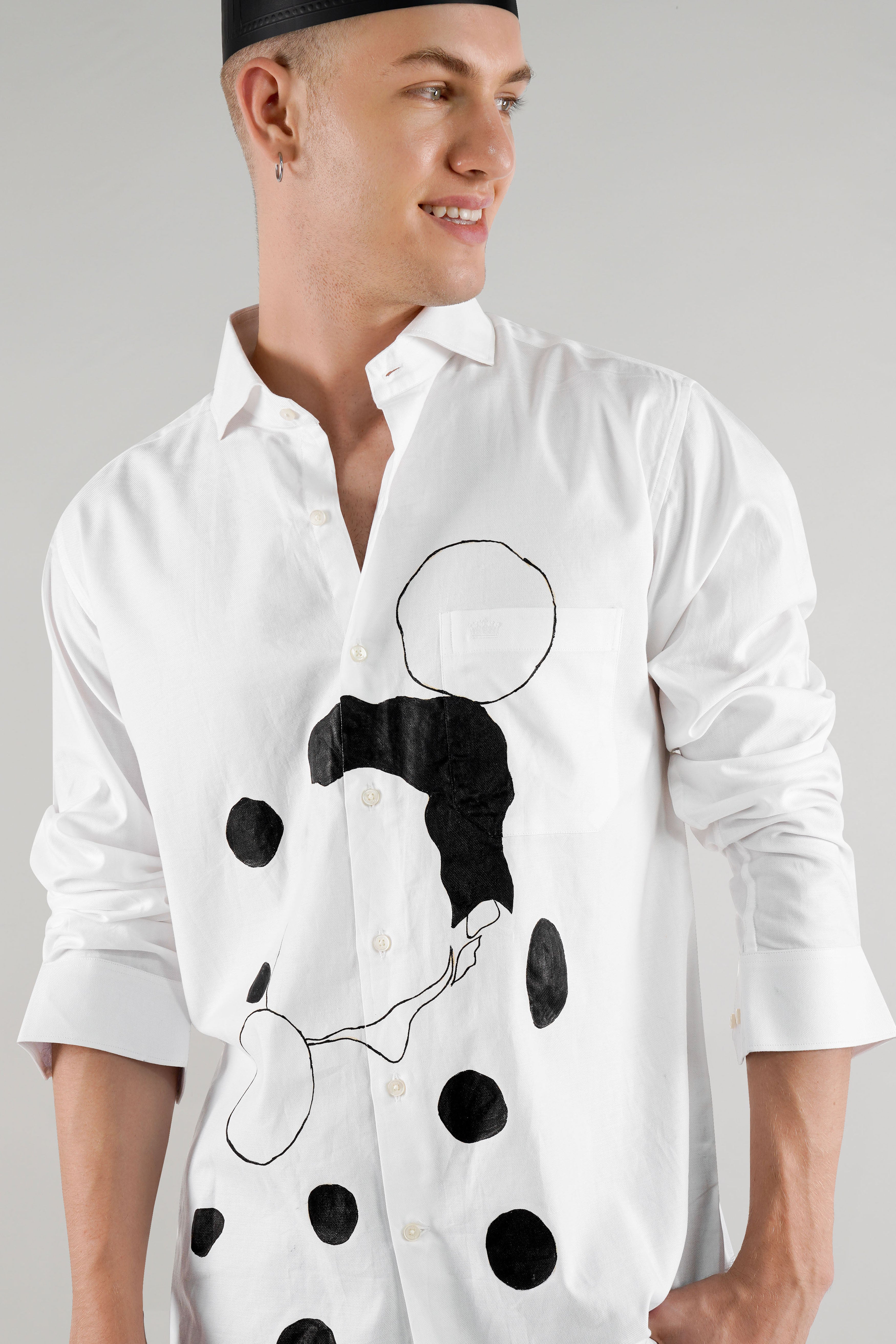Bright White Polka Dotted Hand Painted Dobby Premium Giza Cotton Designer Shirt