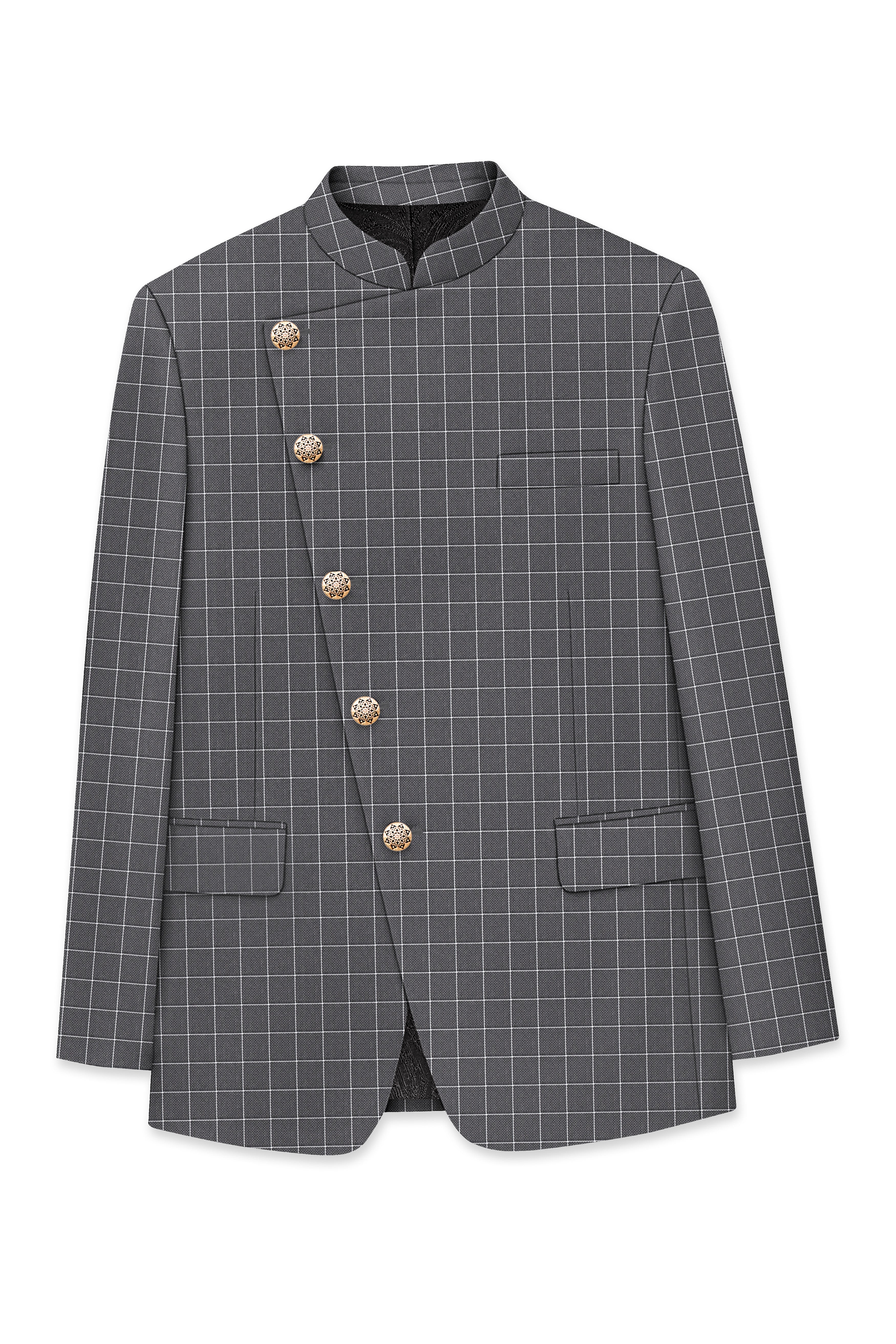 Mortar Gray Checkered Cross Placket Bandhgala Suit