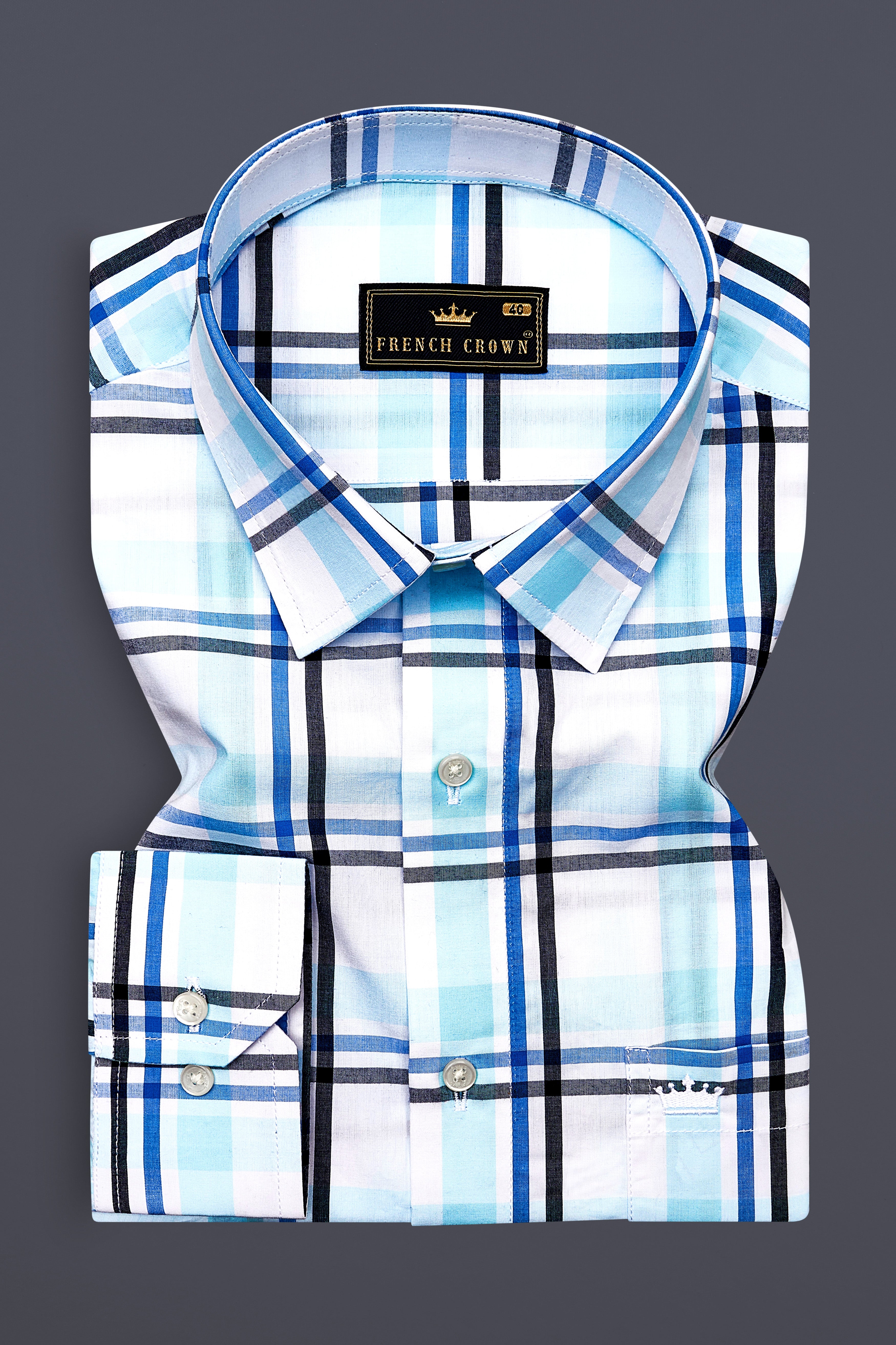 Bright White with Coral Aqua Blue and Black Plaid Premium Cotton Shirt