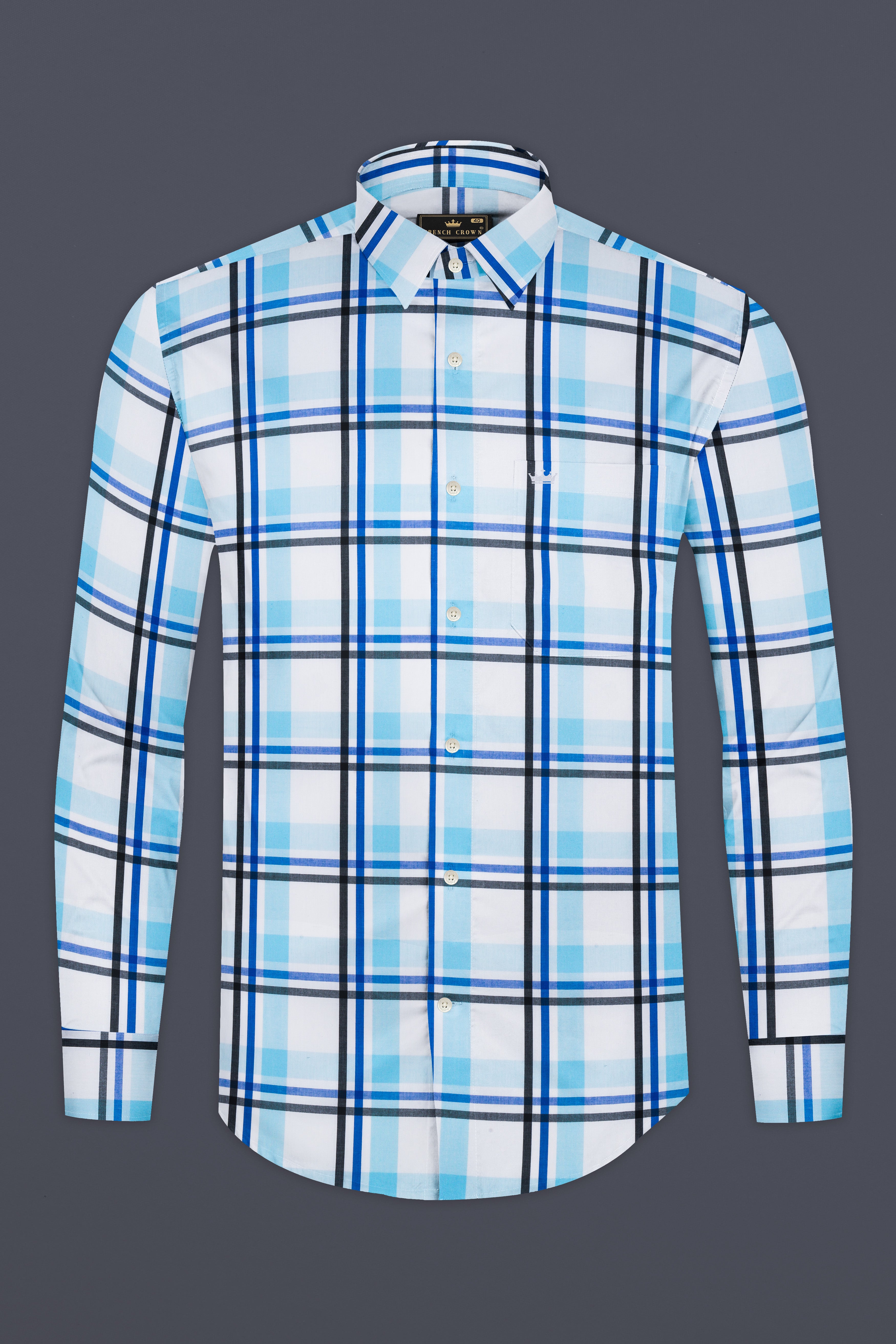 Bright White with Coral Aqua Blue and Black Plaid Premium Cotton Shirt