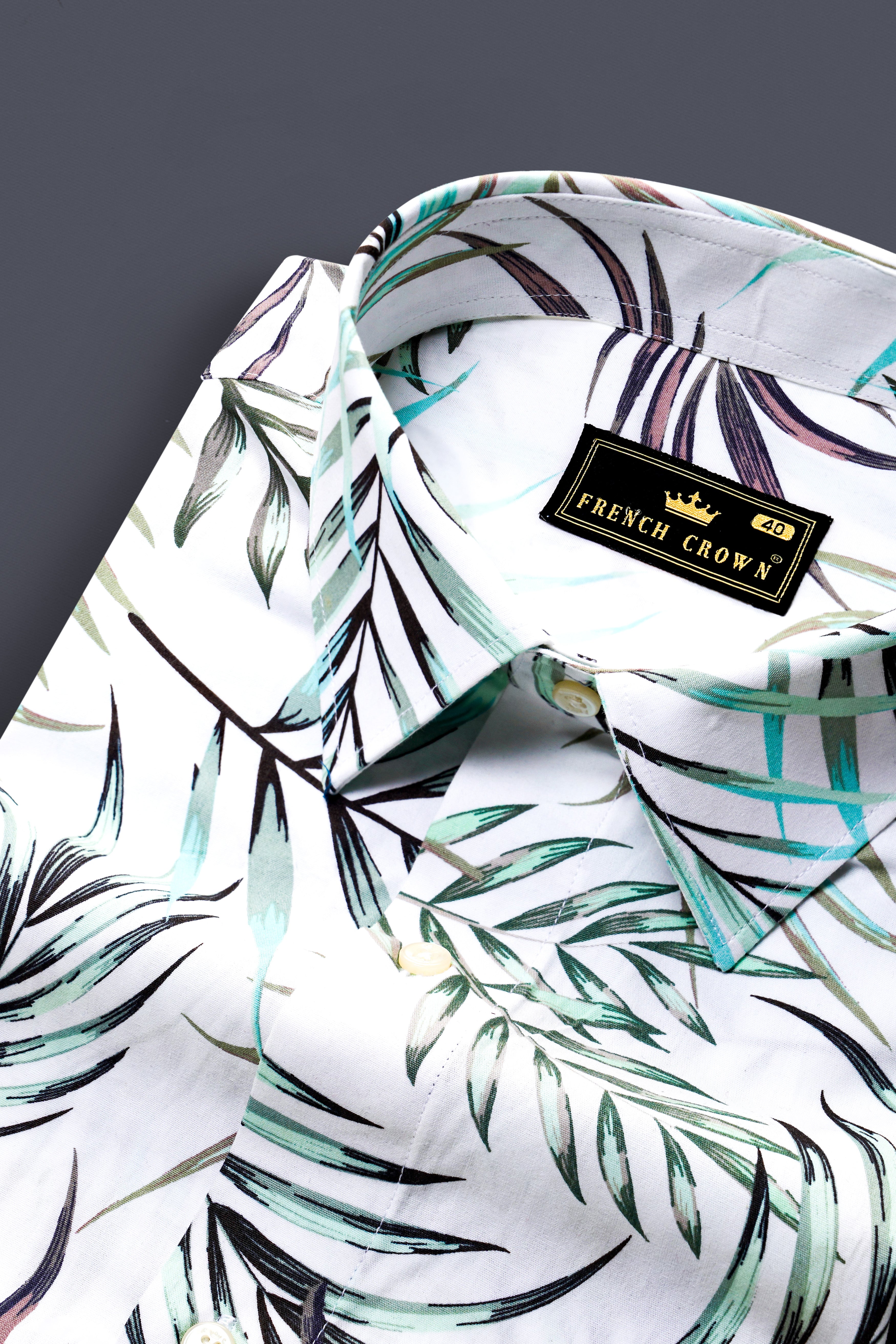 Bright White Multicolour Leaves Printed Premium Cotton Shirt