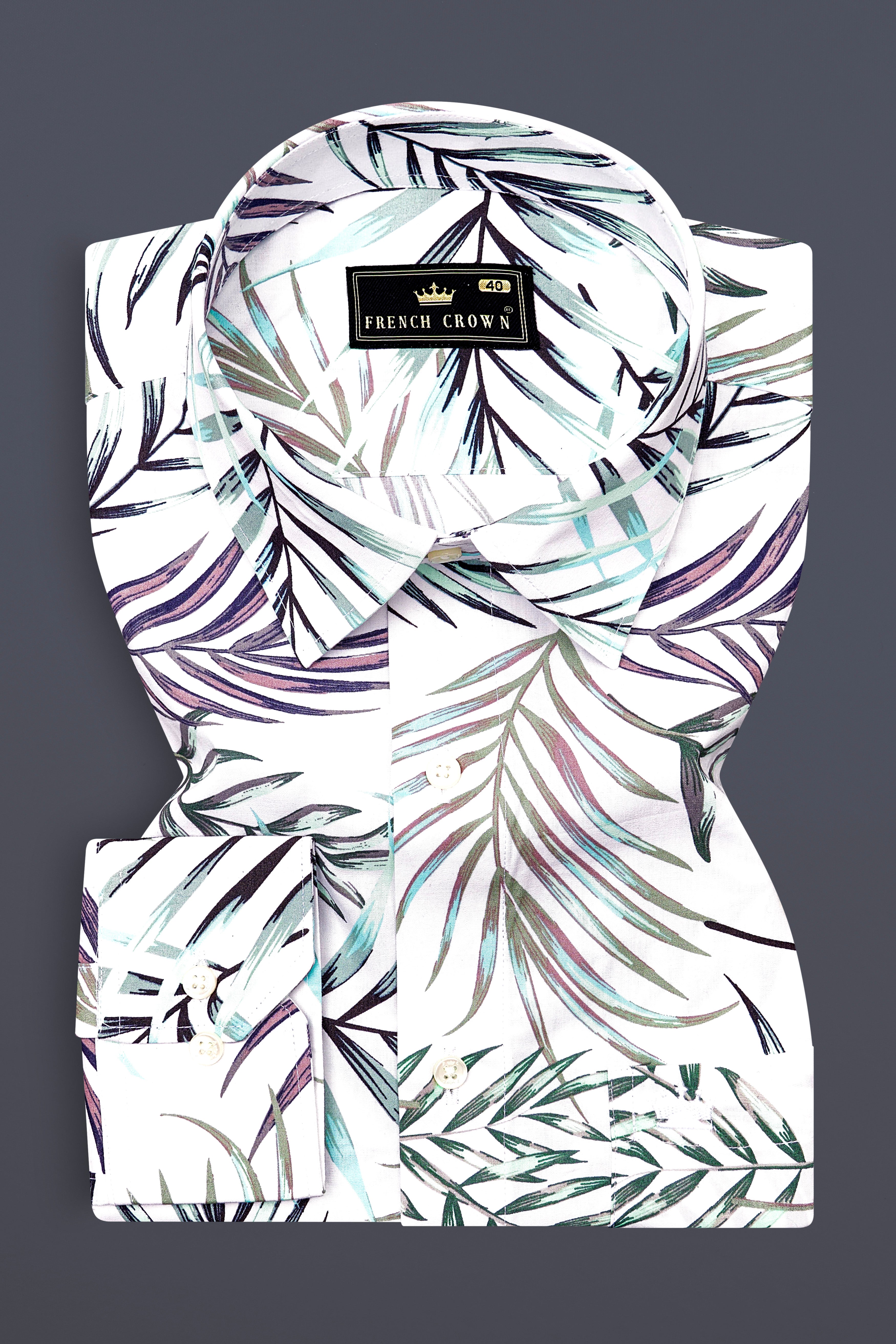 Bright White Multicolour Leaves Printed Premium Cotton Shirt