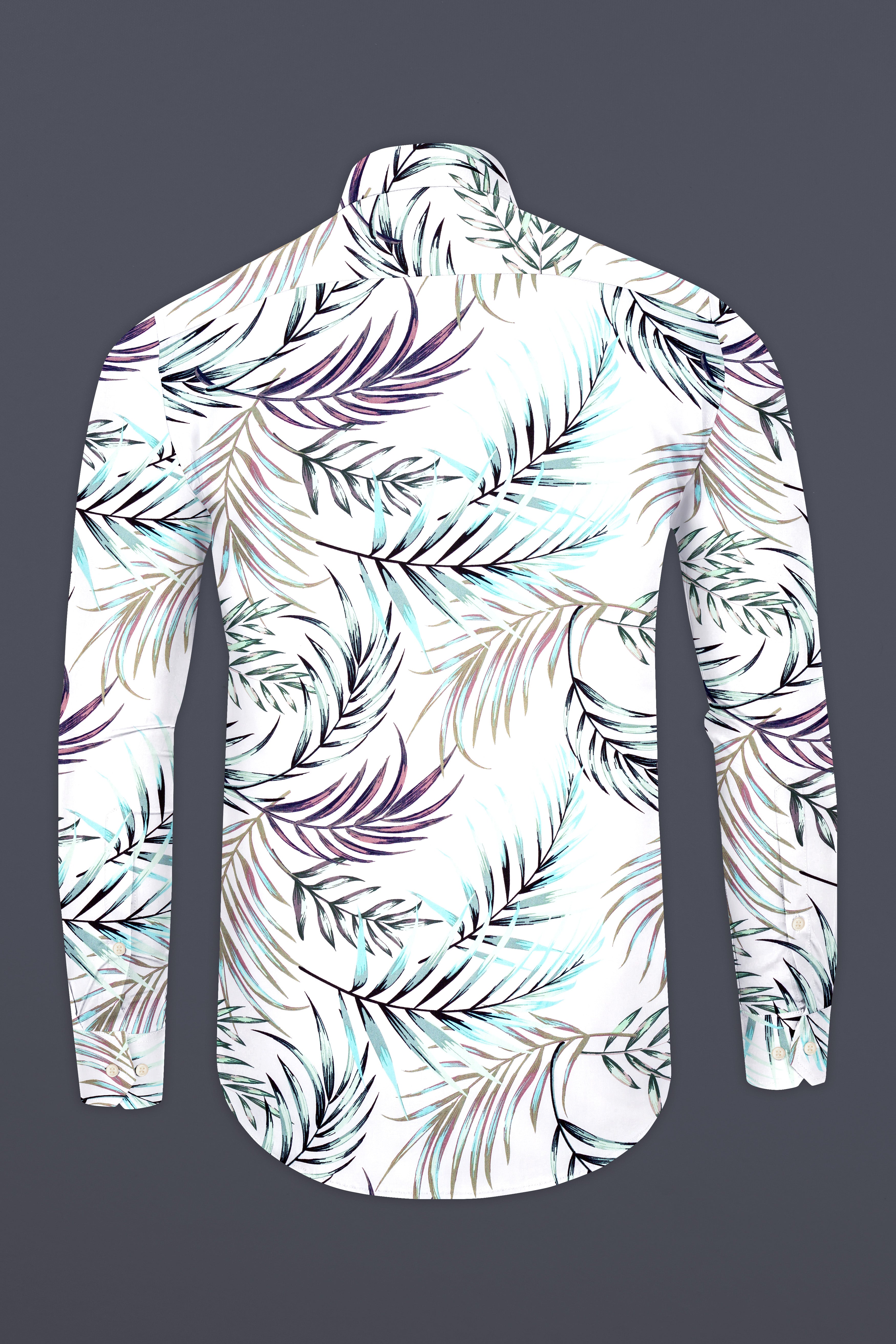 Bright White Multicolour Leaves Printed Premium Cotton Shirt