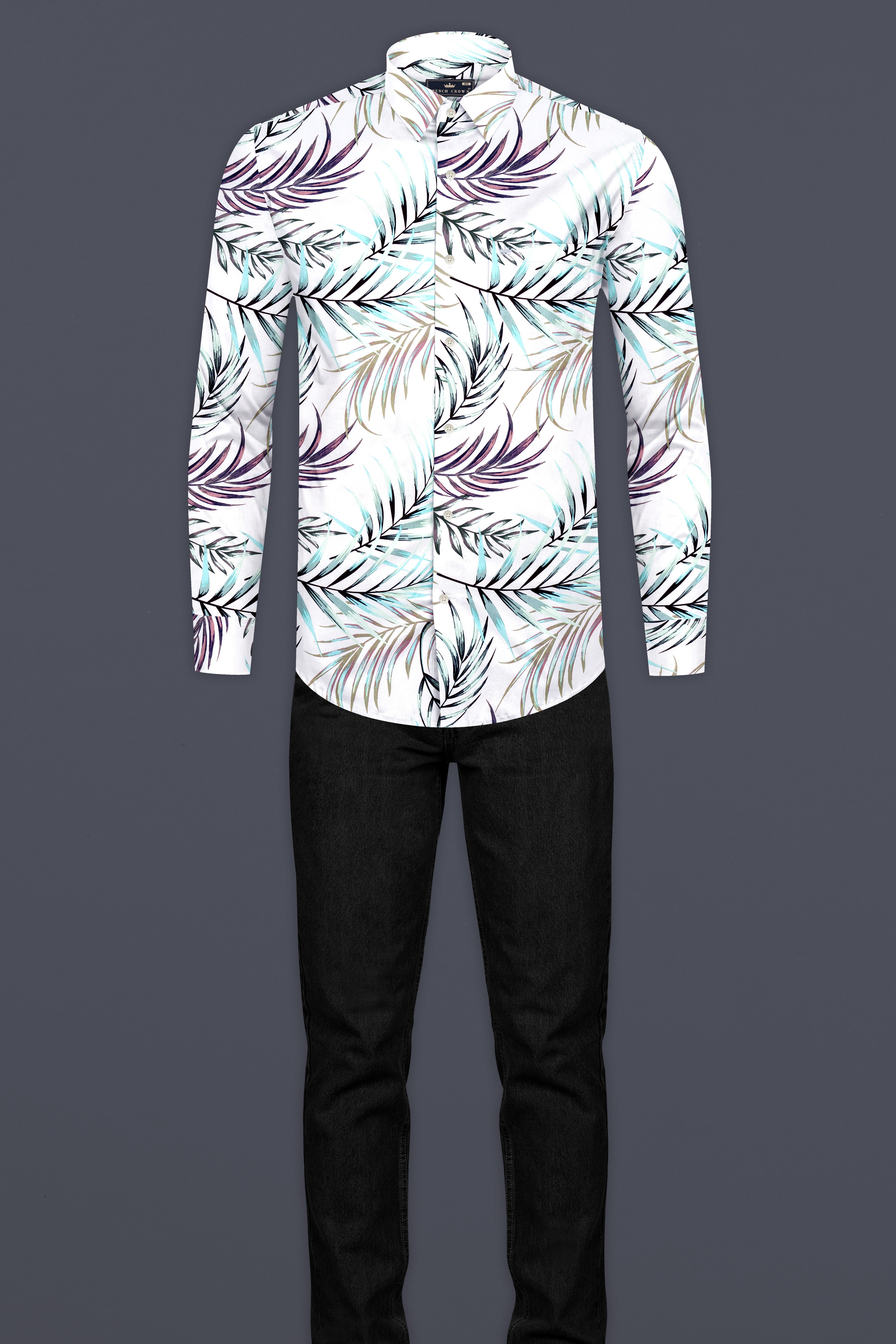 Bright White Multicolour Leaves Printed Premium Cotton Shirt